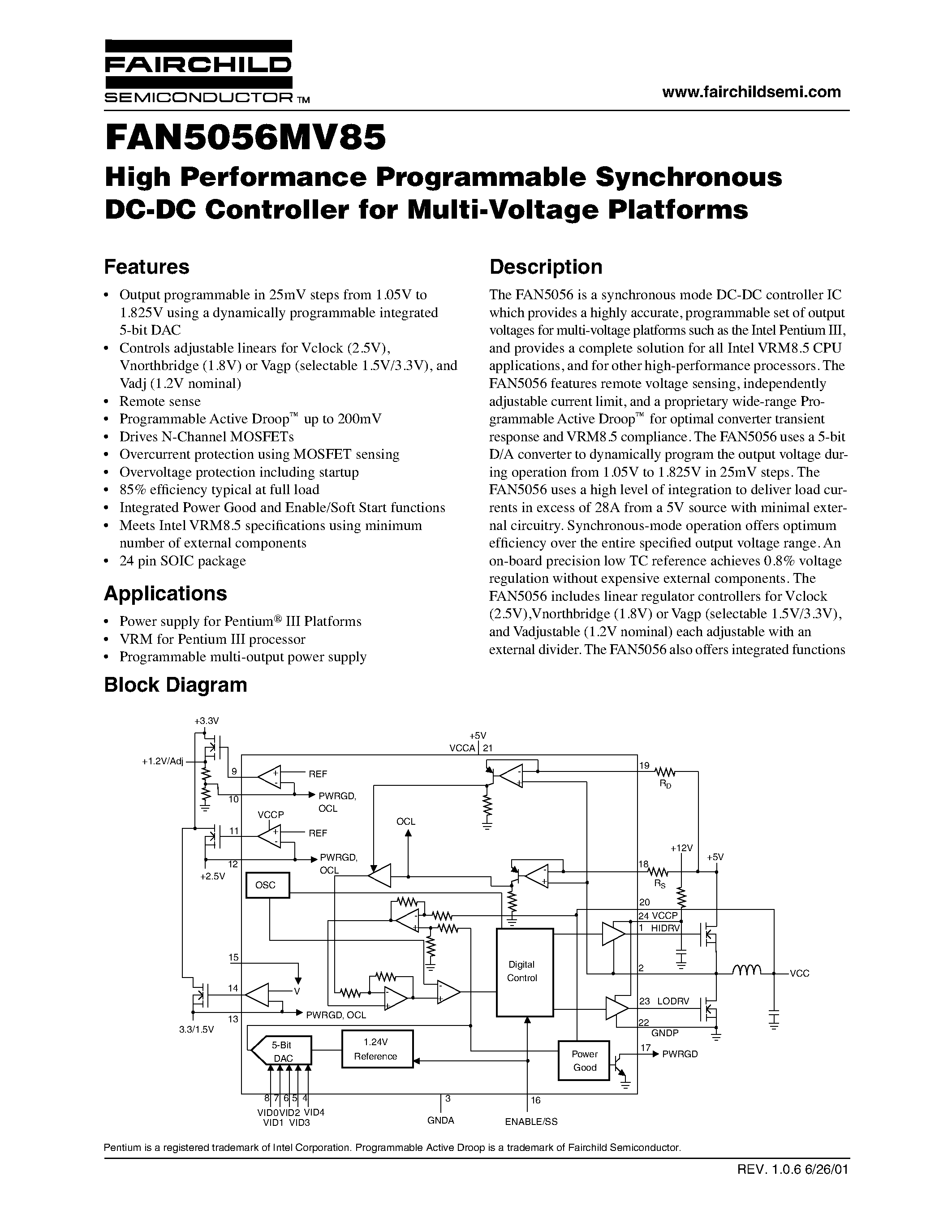 Datasheet FAN5056MV85 page 1 Datasheet FAN5056MV85 - High Performance Programmable Synchronous DC-DC Controller for Multi-Voltage Platforms page 1