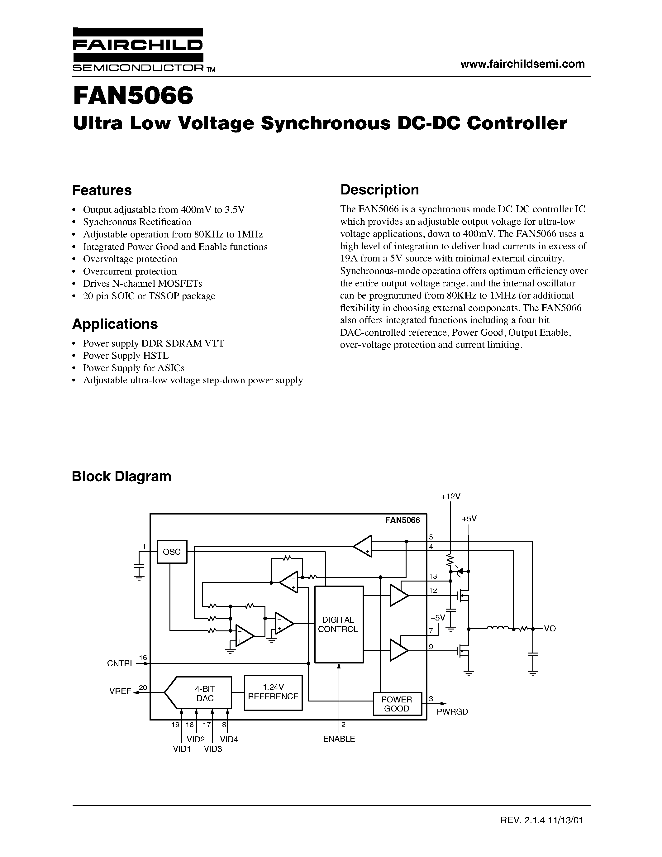 Datasheet FAN5066 - Ultra Low Voltage Synchronous DC-DC Controller page 1