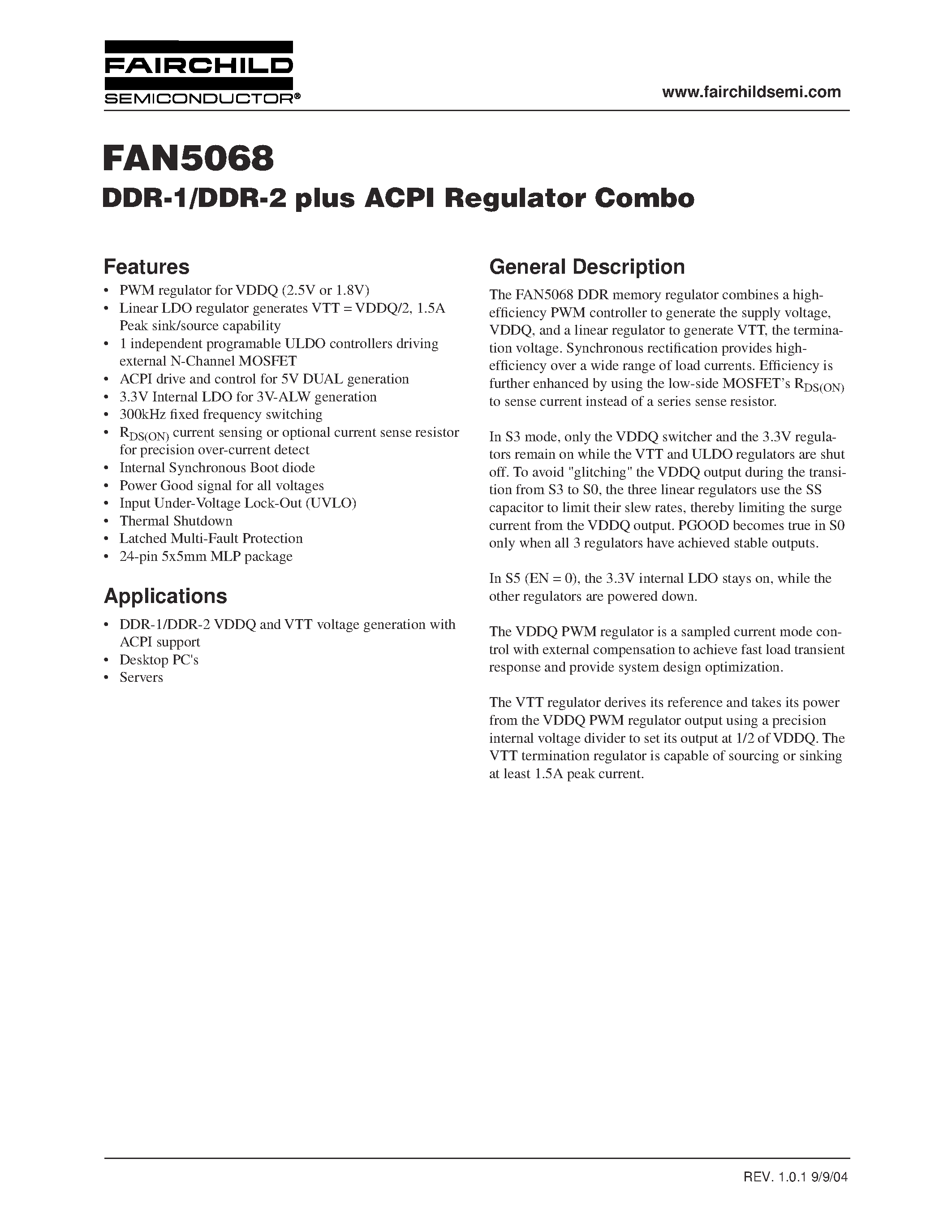 Datasheet FAN5068 - DDR-1/DDR-2 plus ACPI Regulator Combo page 1
