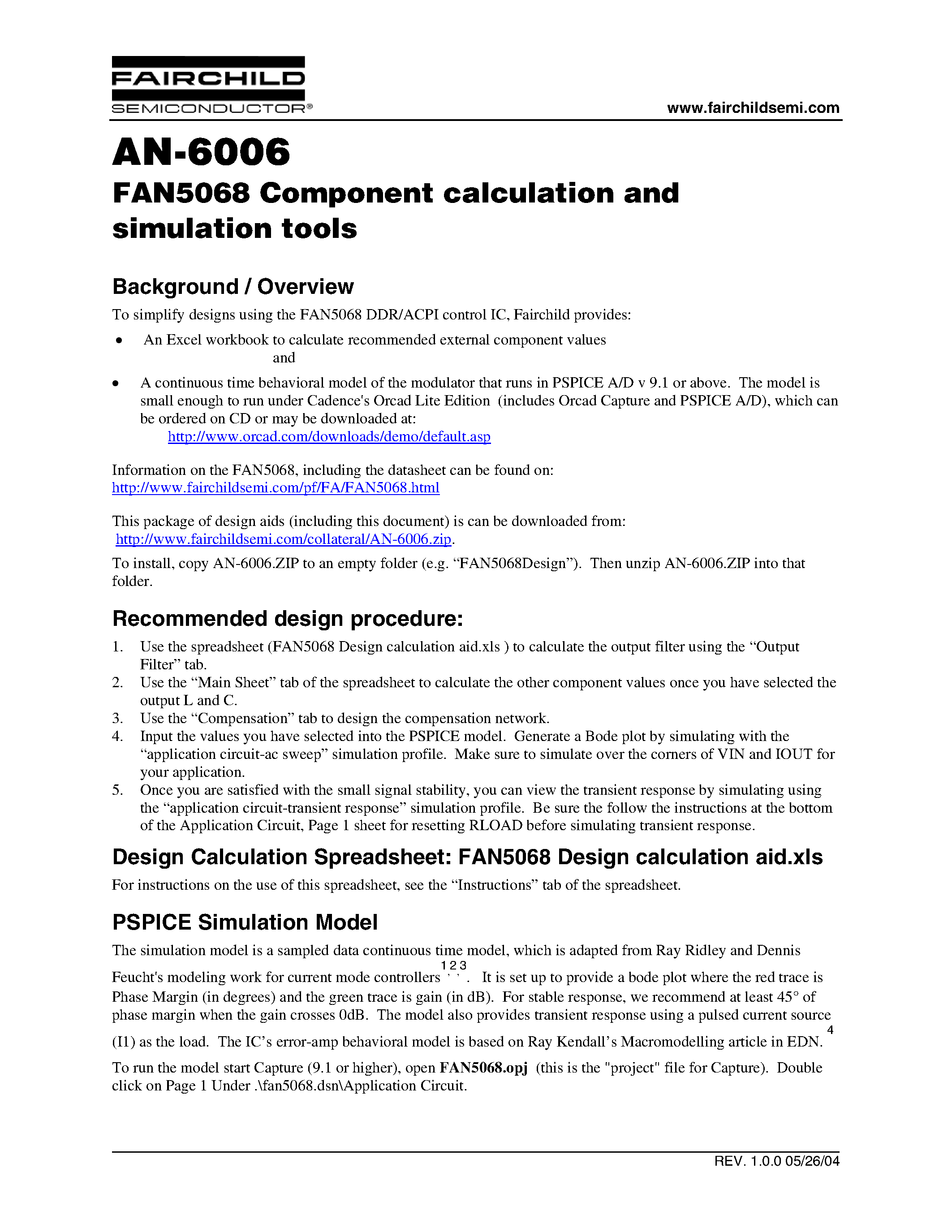 Datasheet FAN5068ACPI - FAN5068 Component calculation and simulation tools page 1