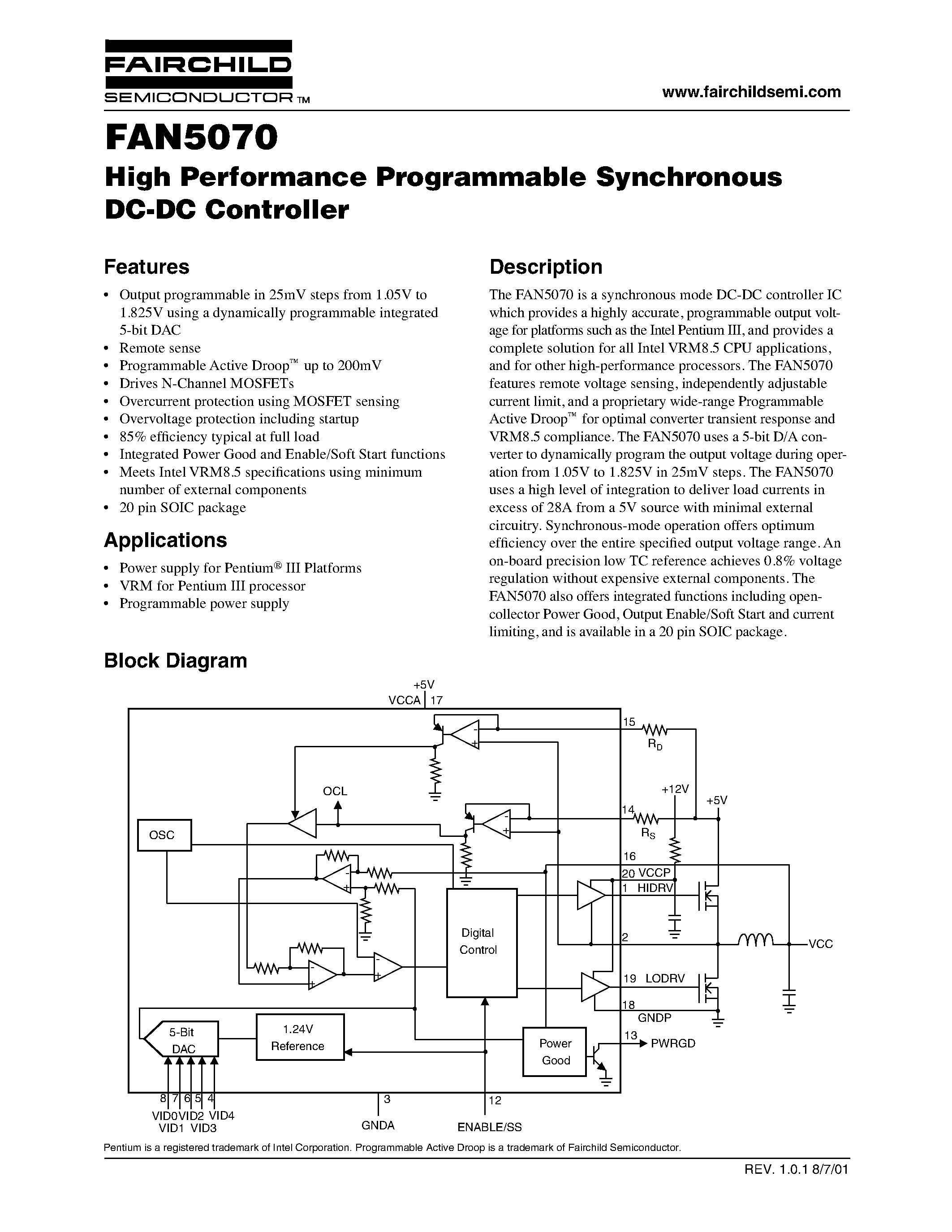 Datasheet FAN5070 page 1 Datasheet FAN5070 - High Performance Programmable Synchronous DC-DC Controller page 1