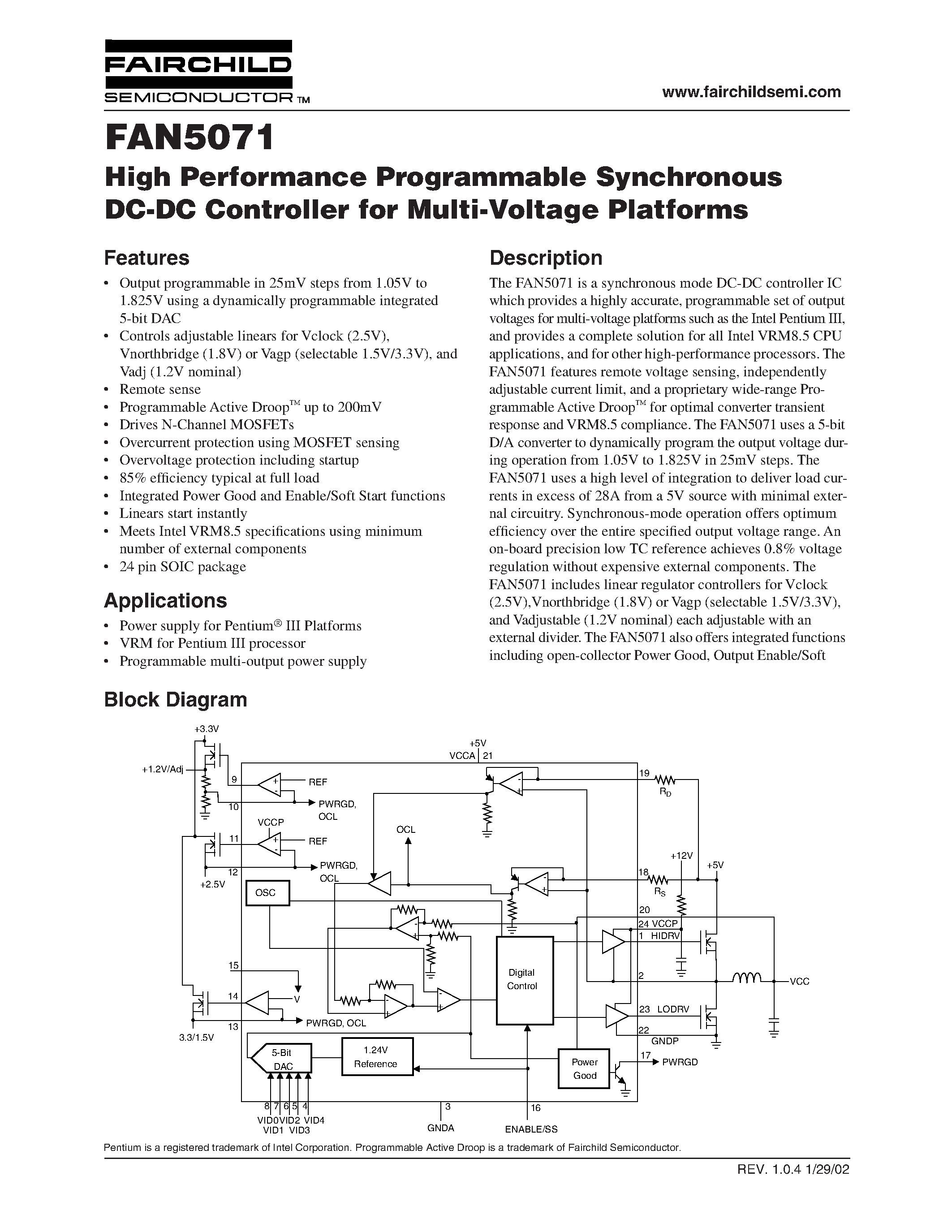 Datasheet FAN5071 - High Performance Programmable Synchronous DC-DC Controller for Multi-Voltage Platforms page 1