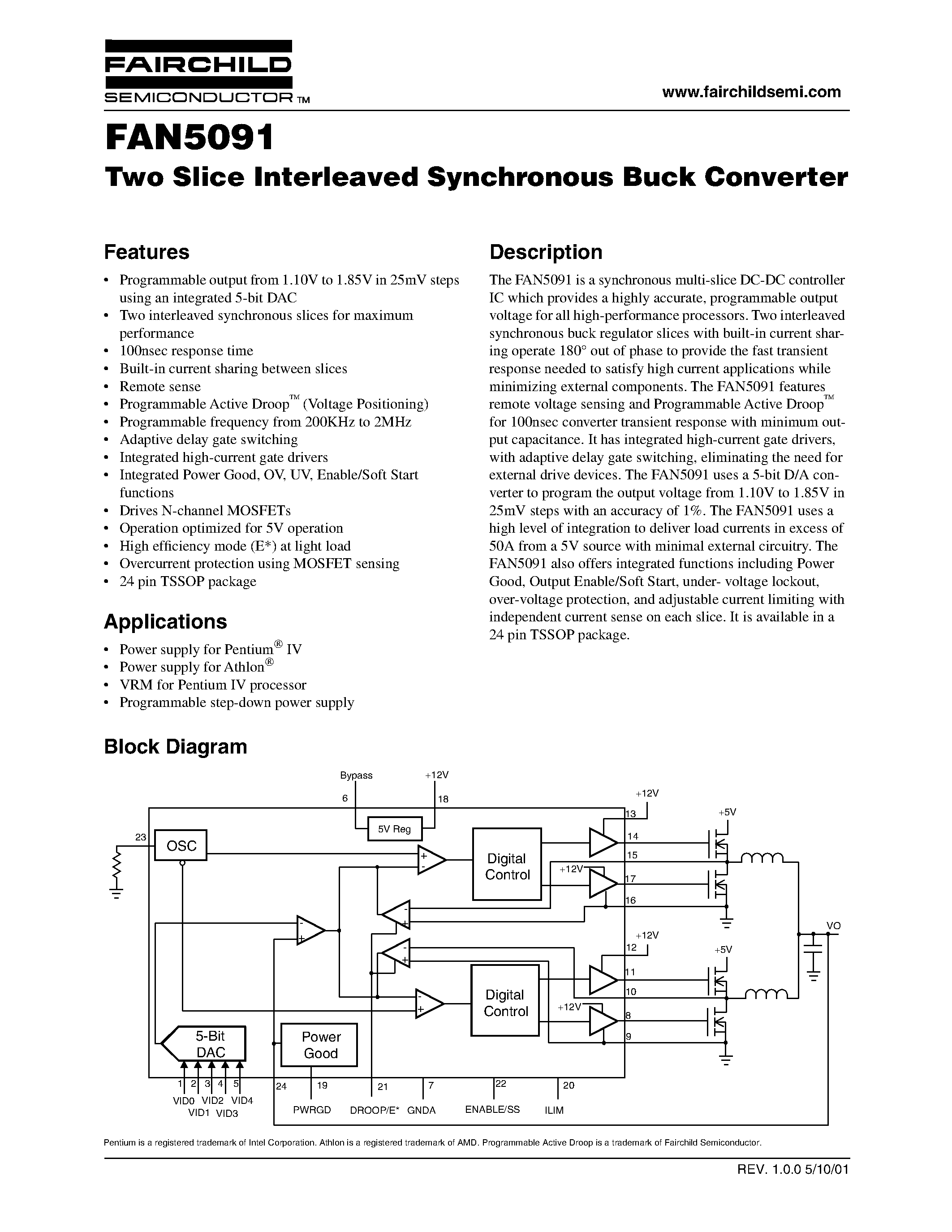 Datasheet FAN5091 page 1 Datasheet FAN5091 - Two Slice Interleaved Synchronous Buck Converter page 1