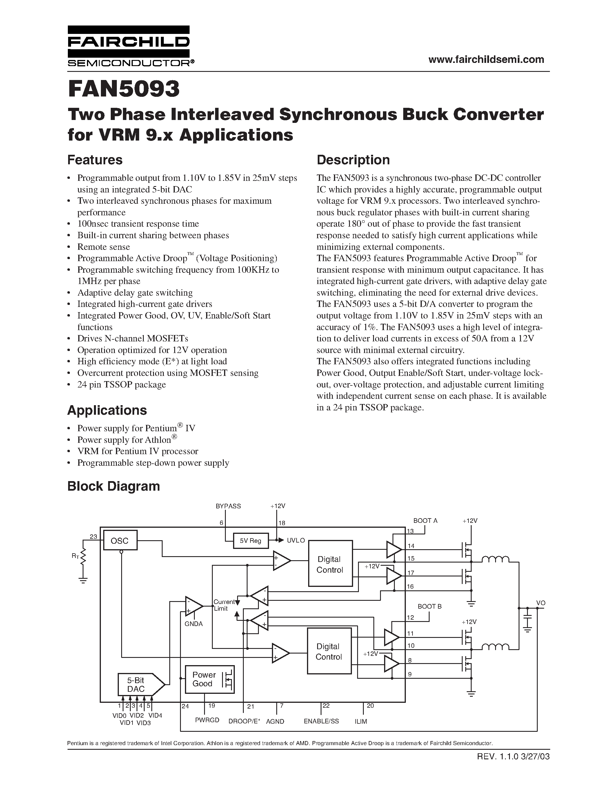 Datasheet FAN5093 page 1 Datasheet FAN5093 - Two Phase Interleaved Synchronous Buck Converter for VRM 9.x Applications page 1