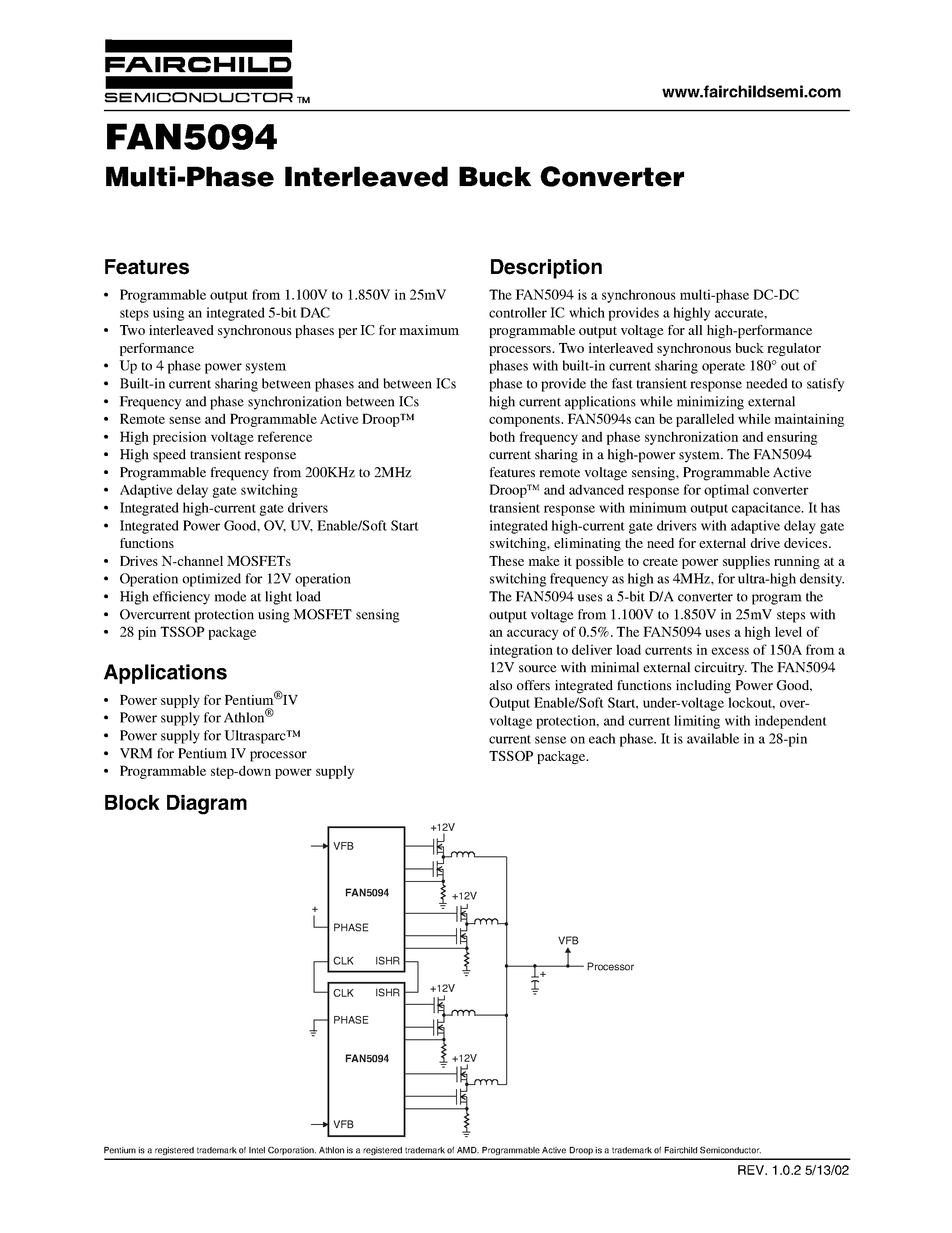 Datasheet FAN5094 page 1 Datasheet FAN5094 - Multi-Phase Interleaved Buck Converter page 1