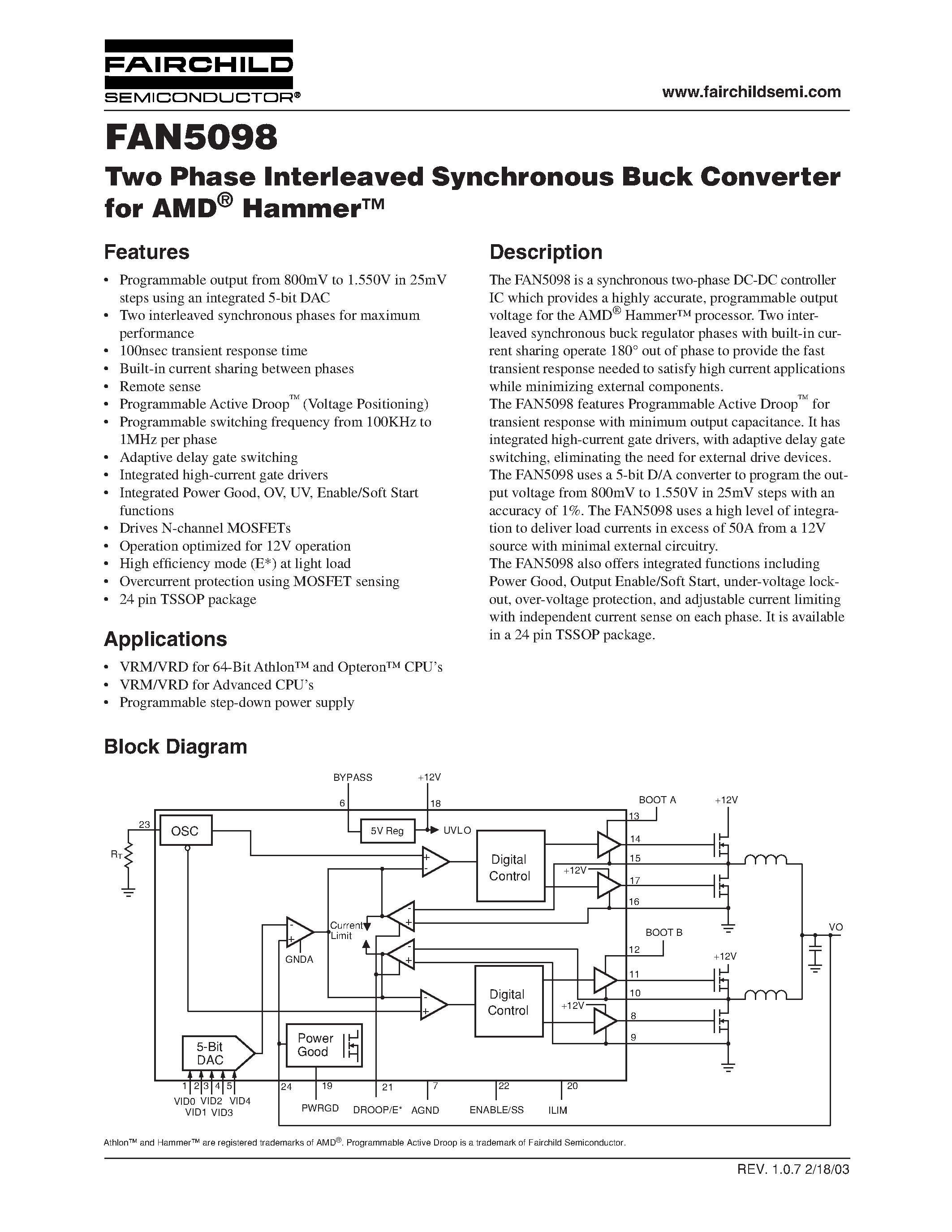 Datasheet FAN5098 page 1 Datasheet FAN5098 - Two Phase Interleaved Synchronous Buck Converter for AMD Hammer page 1