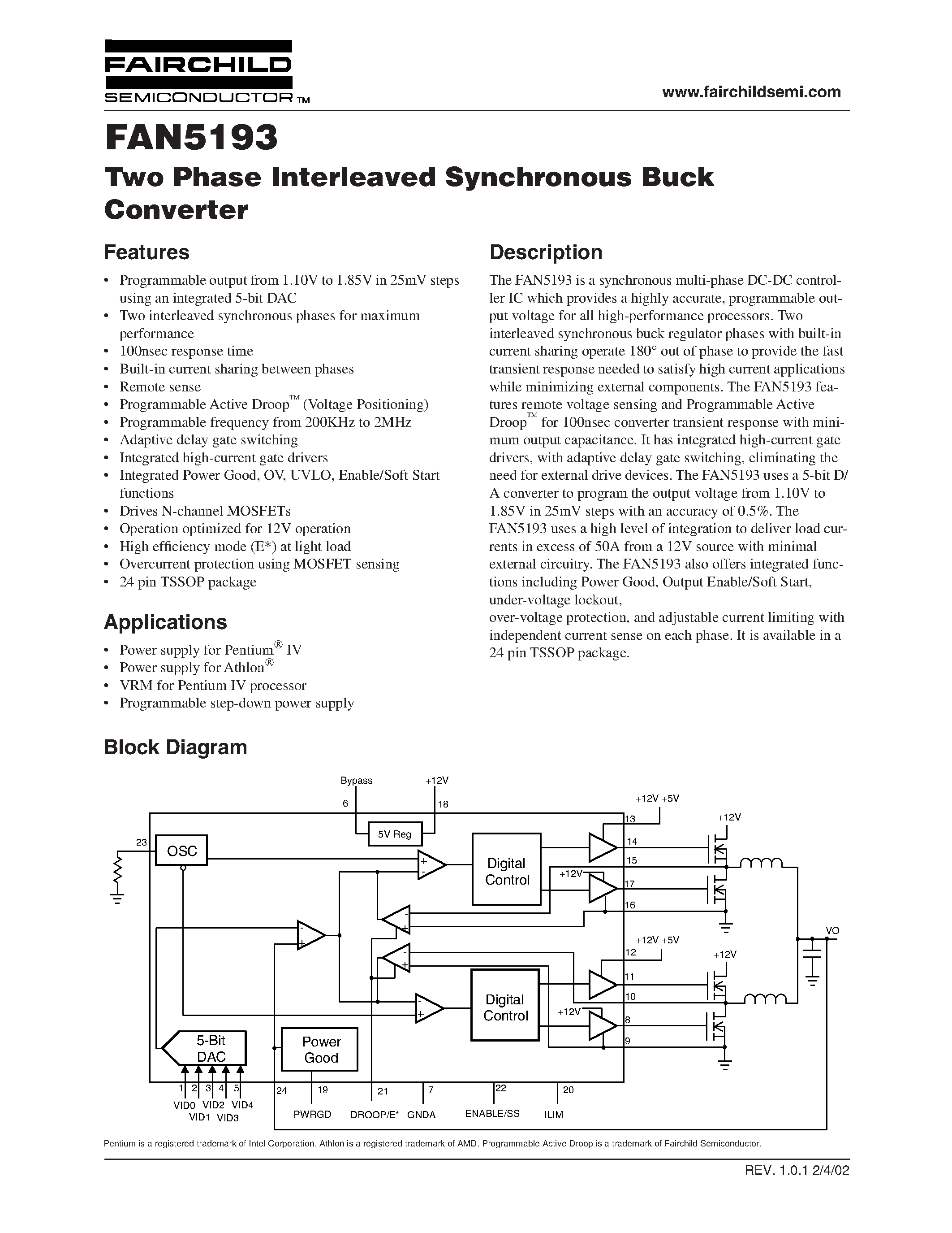 Datasheet FAN5193 page 1 Datasheet FAN5193 - Two Phase Interleaved Synchronous Buck Converter page 1