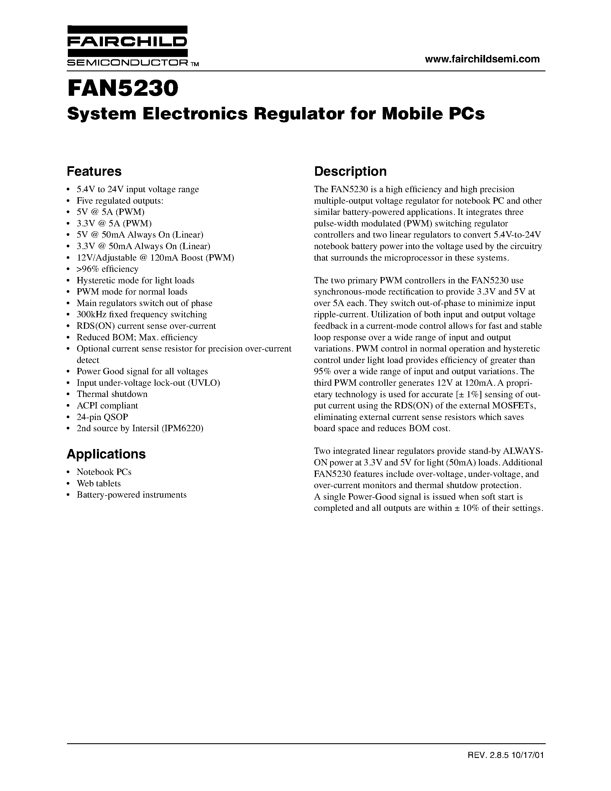 Datasheet FAN5230 - System Electronics Regulator for Mobile PCs page 1