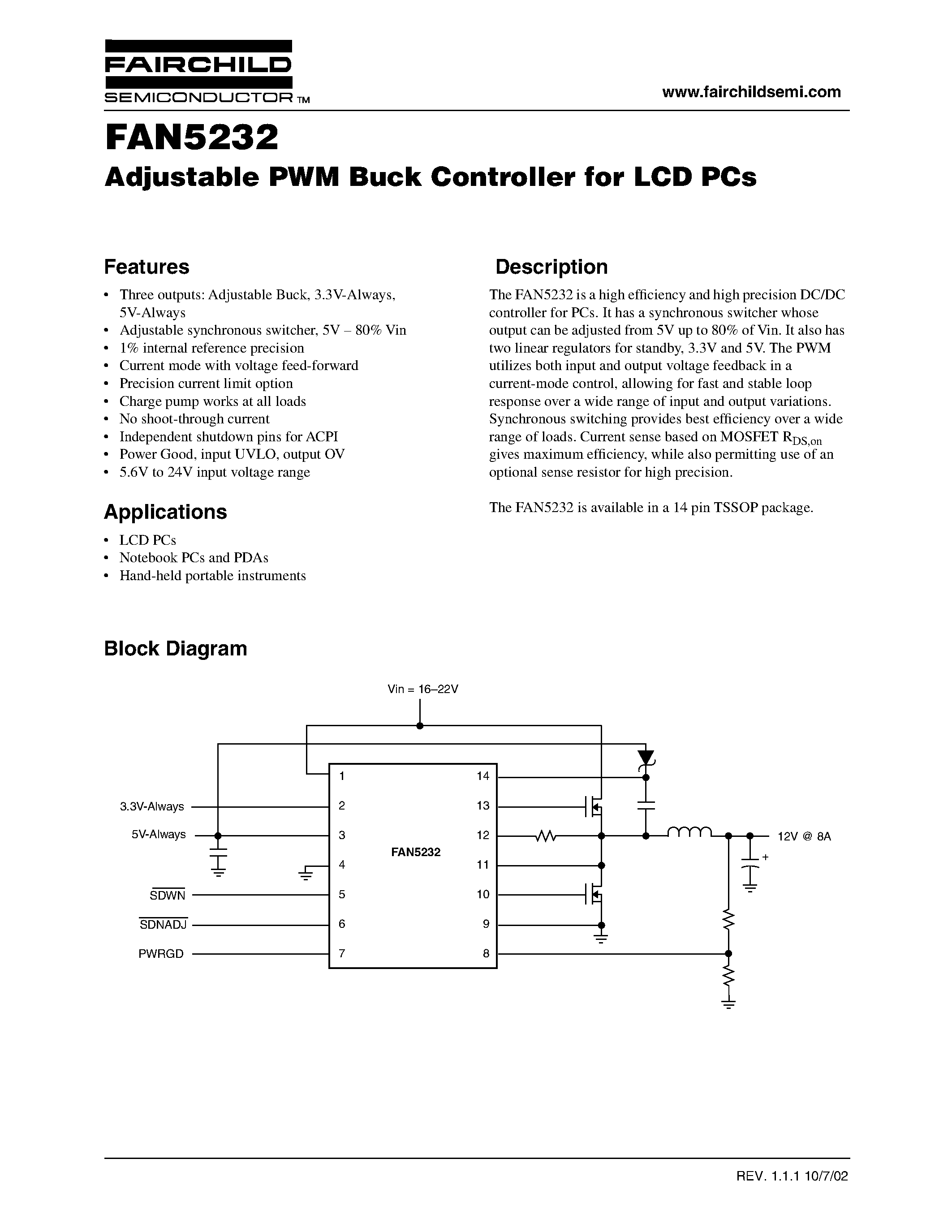 Datasheet FAN5232 - Adjustable PWM Buck Controller for LCD PCs page 1
