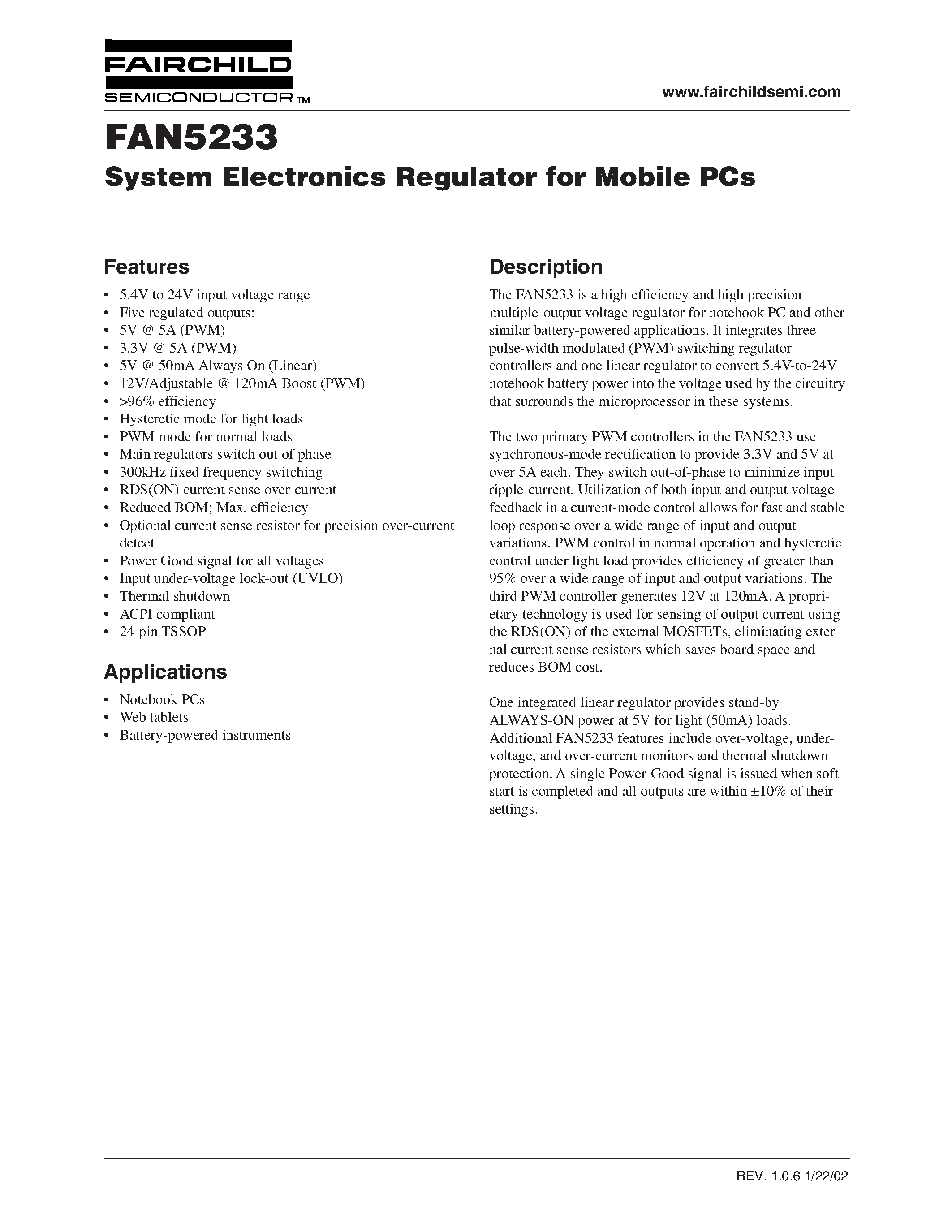 Datasheet FAN5233 page 1 Datasheet FAN5233 - System Electronics Regulator for Mobile PCs page 1