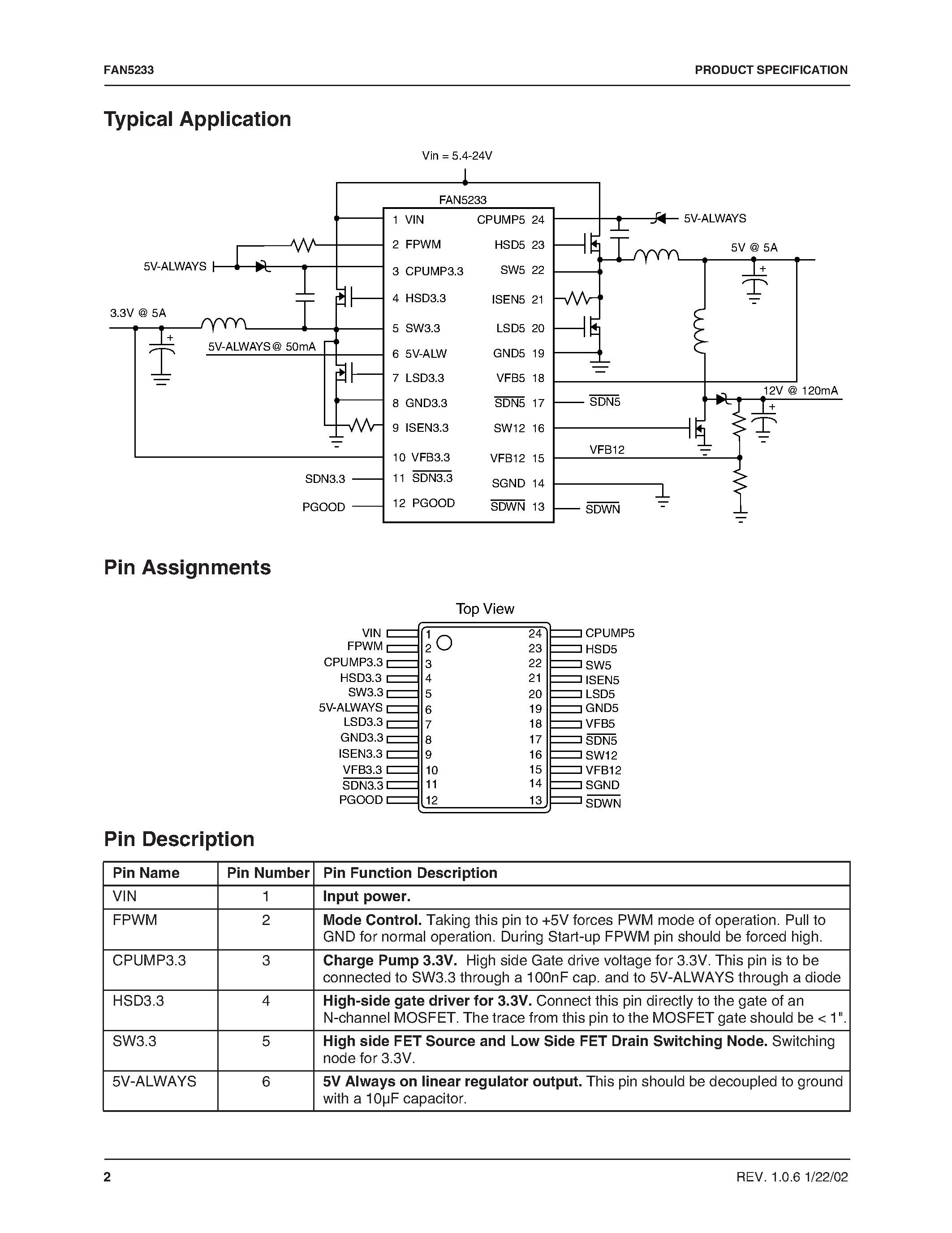 Datasheet FAN5233 page 2 Datasheet FAN5233 - System Electronics Regulator for Mobile PCs page 2