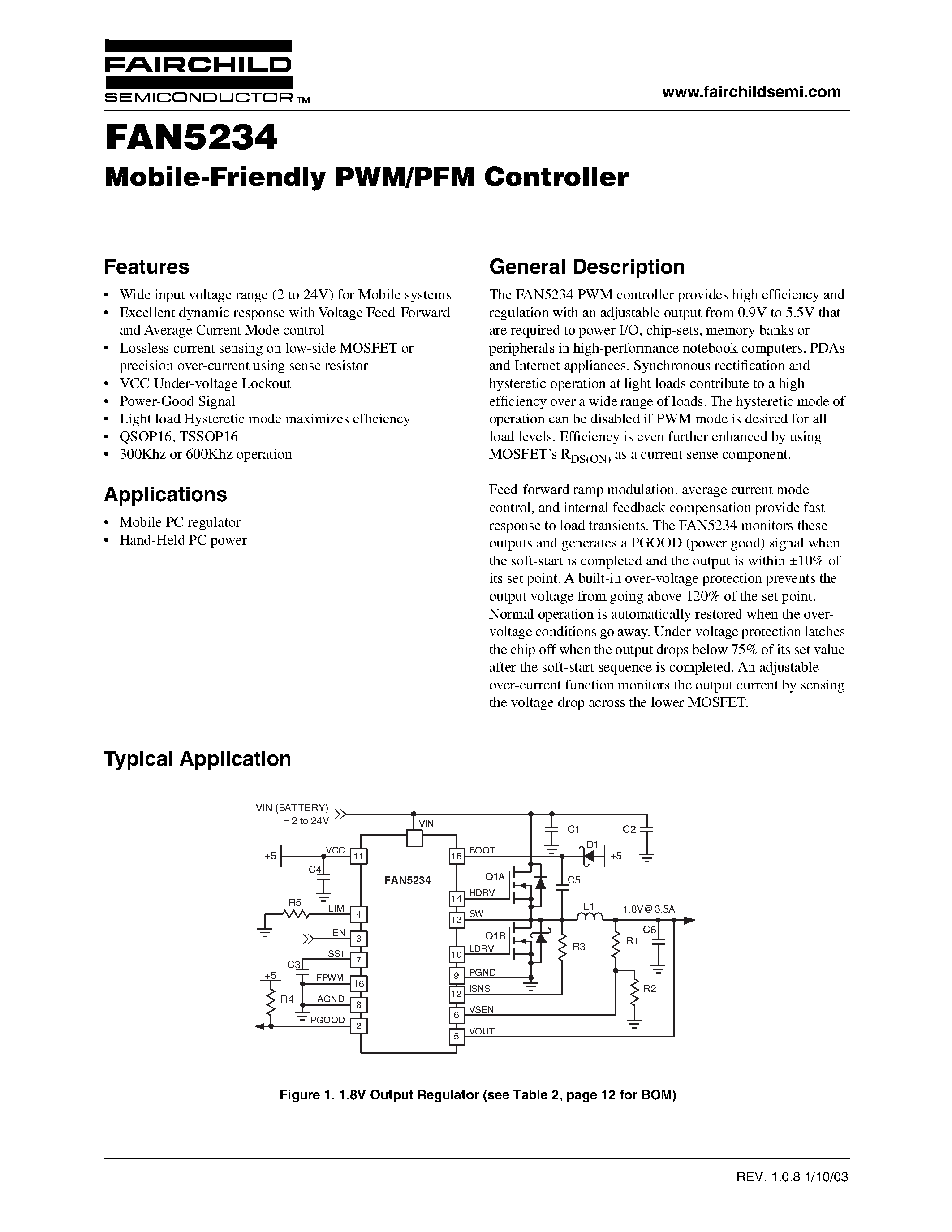 Datasheet FAN5234 - Mobile-Friendly PWM/PFM Controller page 1
