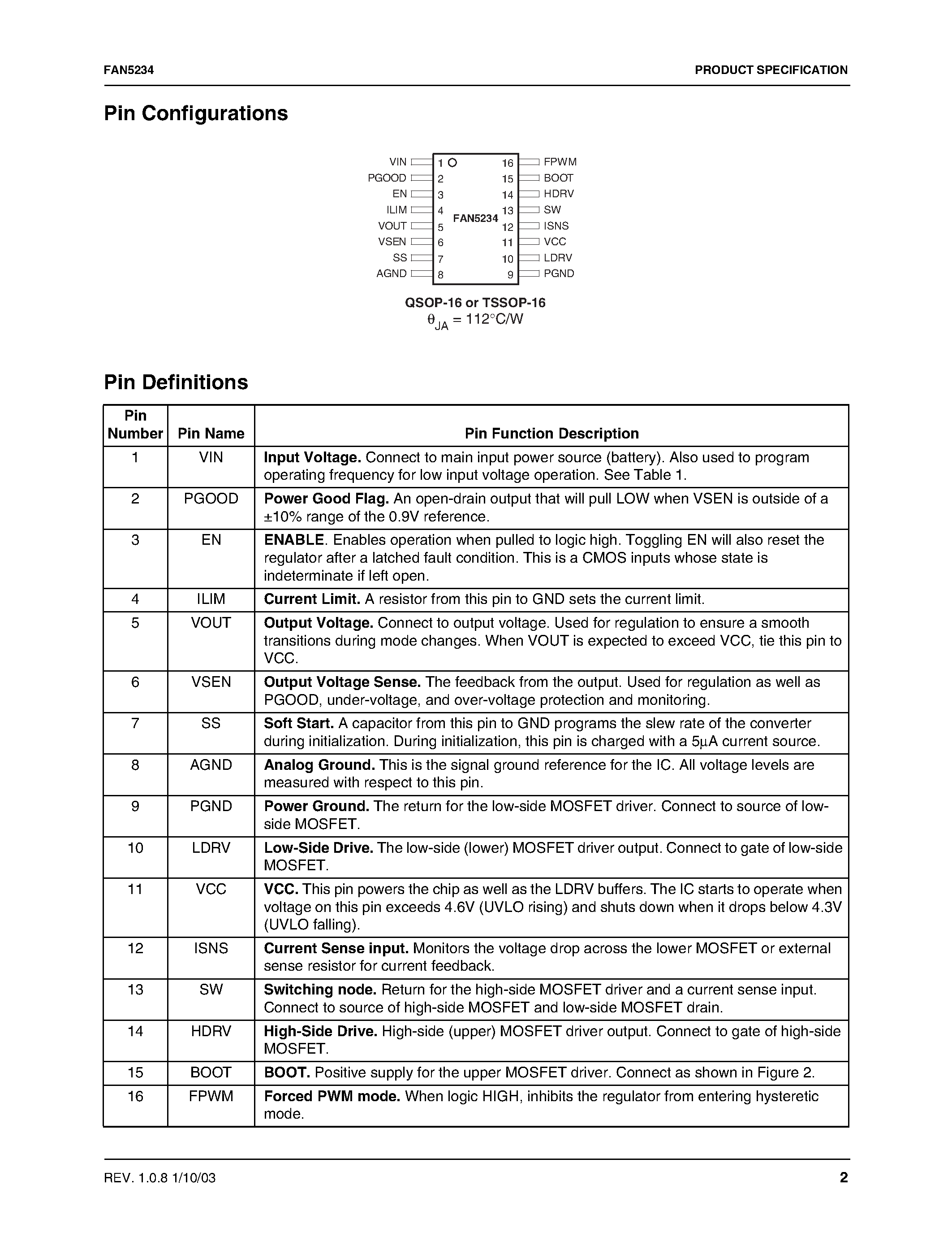 Datasheet FAN5234 - Mobile-Friendly PWM/PFM Controller page 2