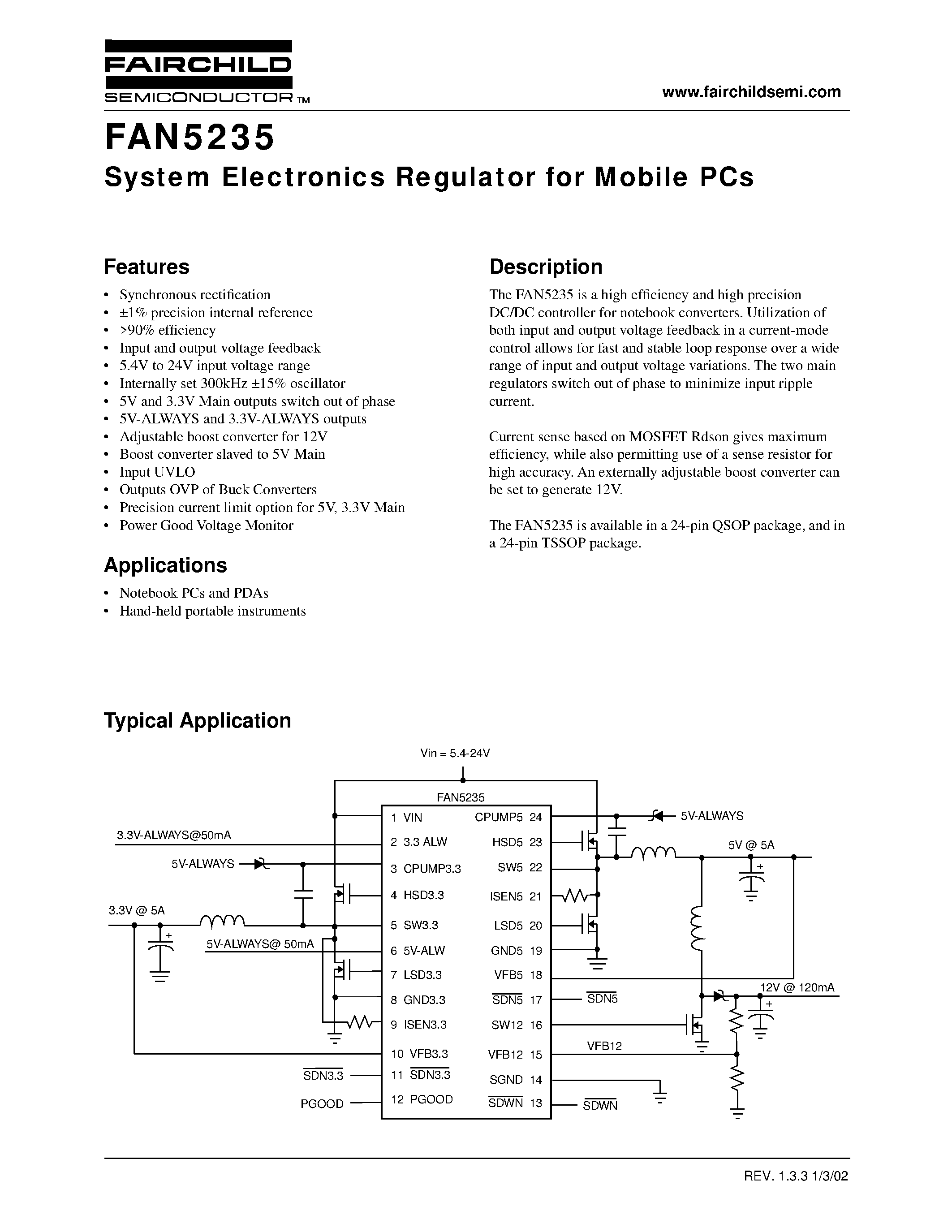 Datasheet FAN5235 - System Electronics Regulator for Mobile PCs page 1
