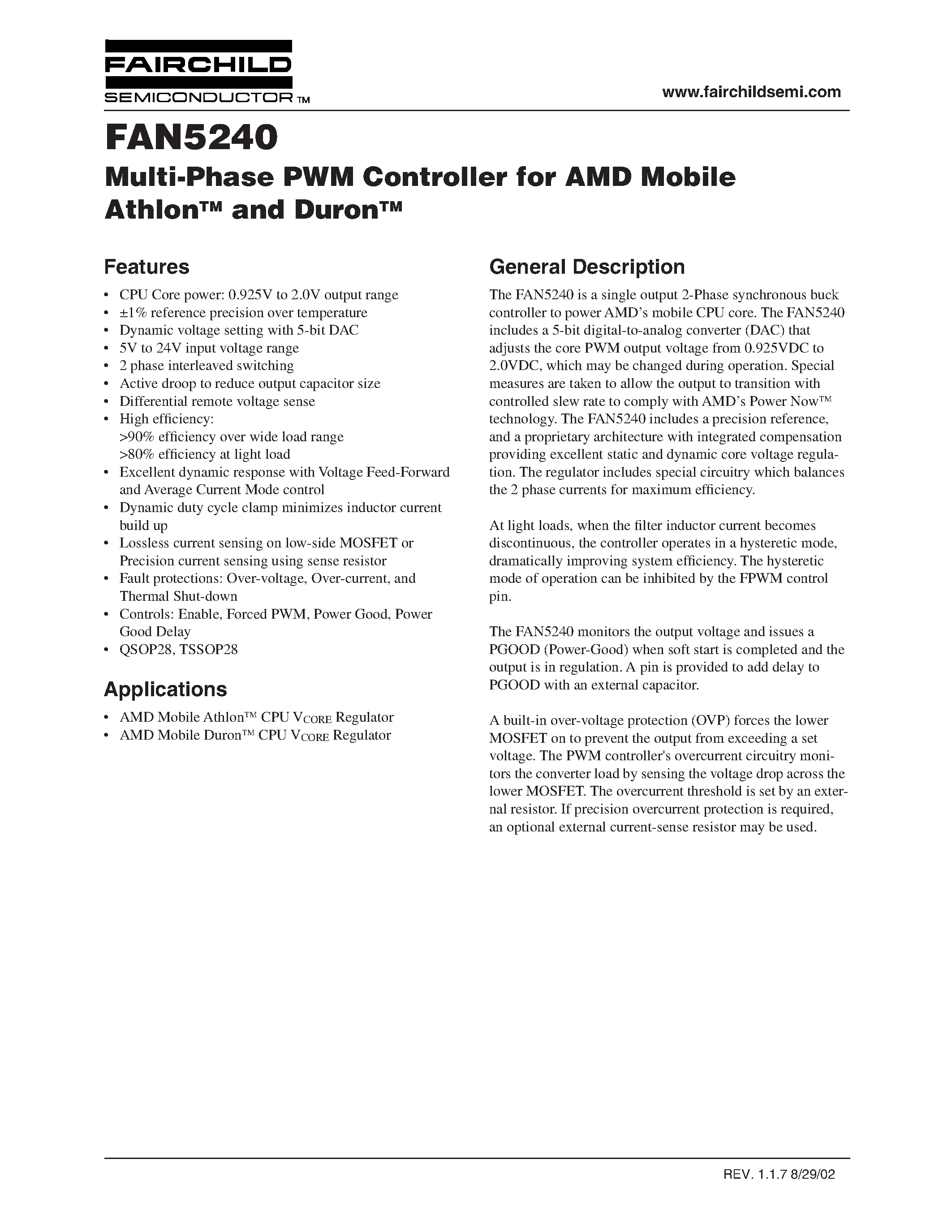 Datasheet FAN5240 - Multi-Phase PWM Controller for AMD Mobile Athlon TM and Duron TM page 1