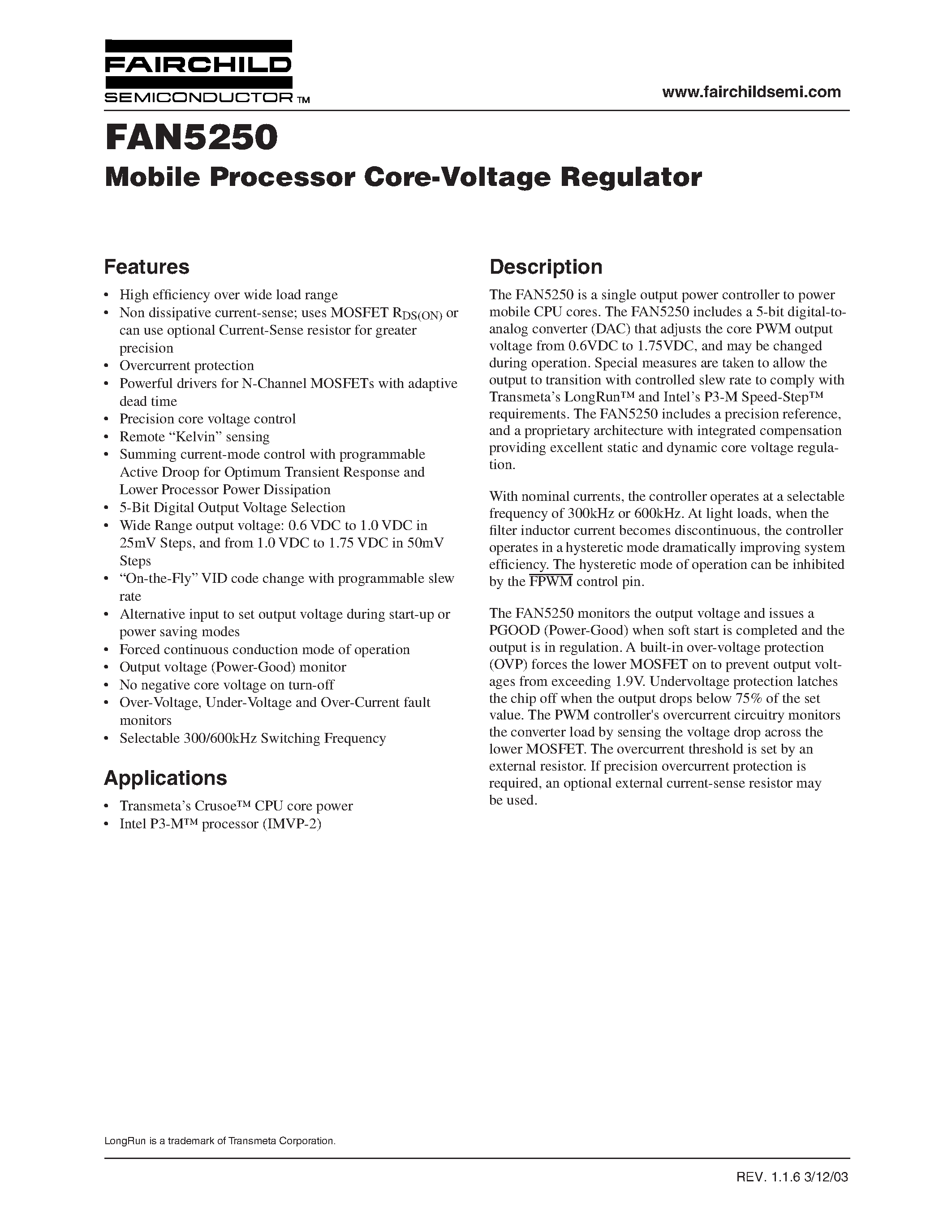 Datasheet FAN5250 - Mobile Processor Core-Voltage Regulator page 1