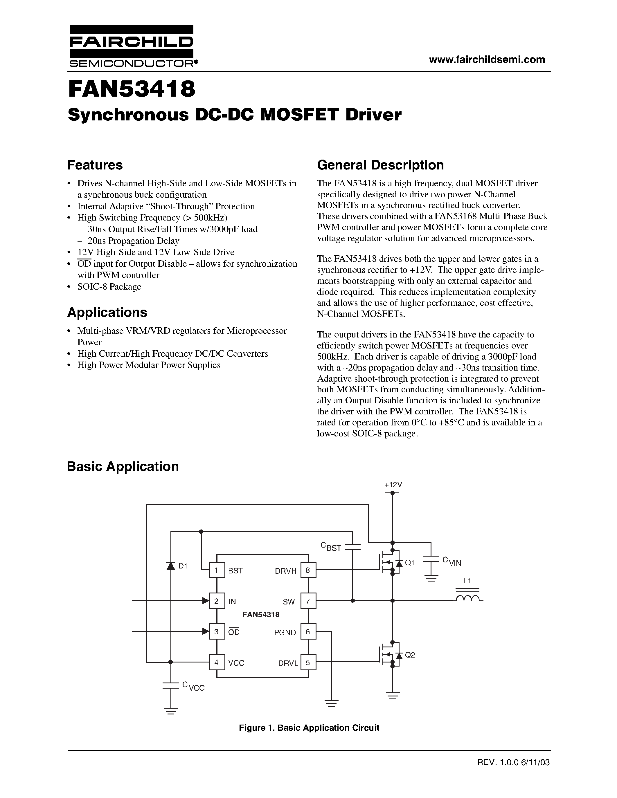 Datasheet FAN53418M - Synchronous DC-DC MOSFET Driver page 1