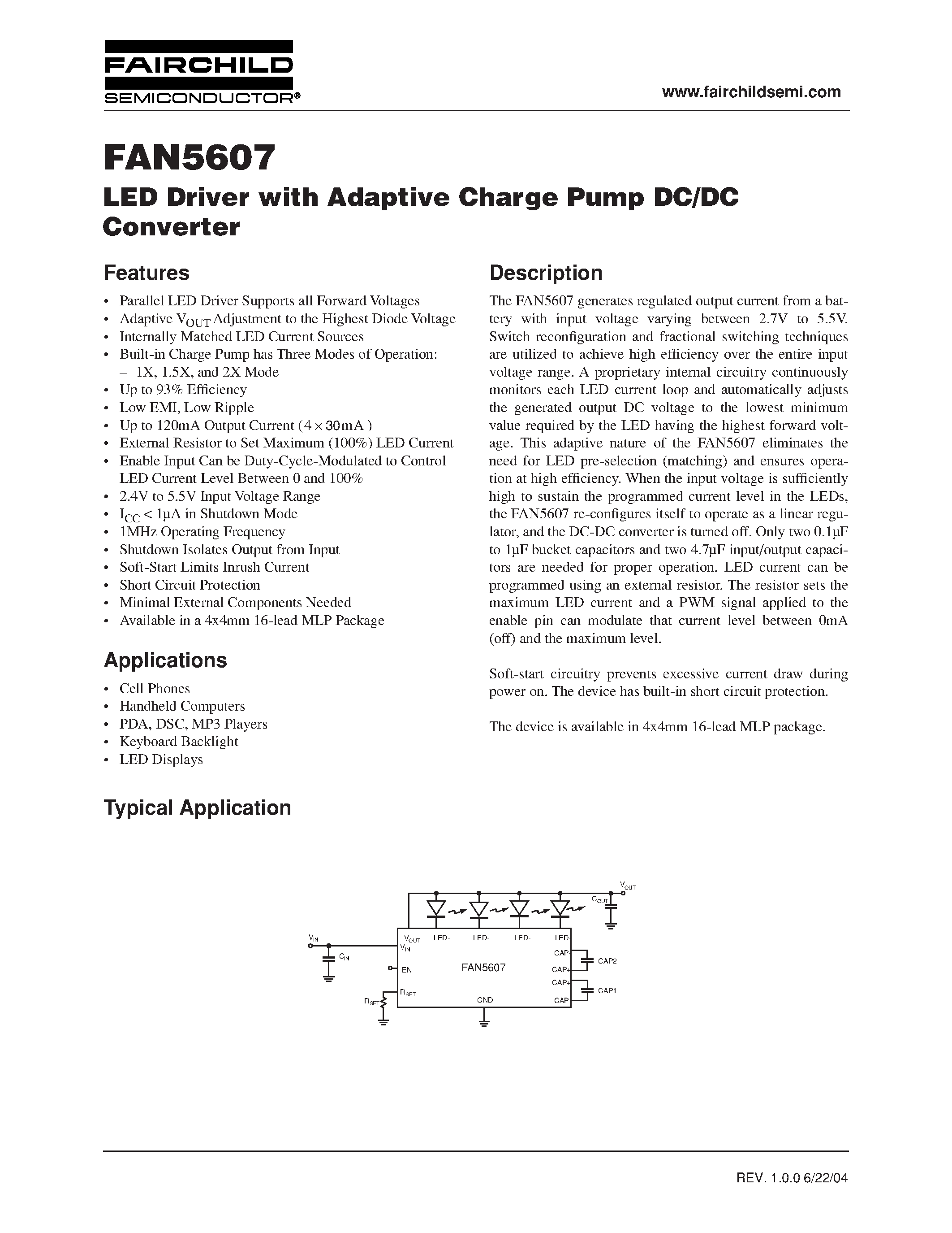 Datasheet FAN5607 - LED Driver with Adaptive Charge Pump DC/DC Converter page 1