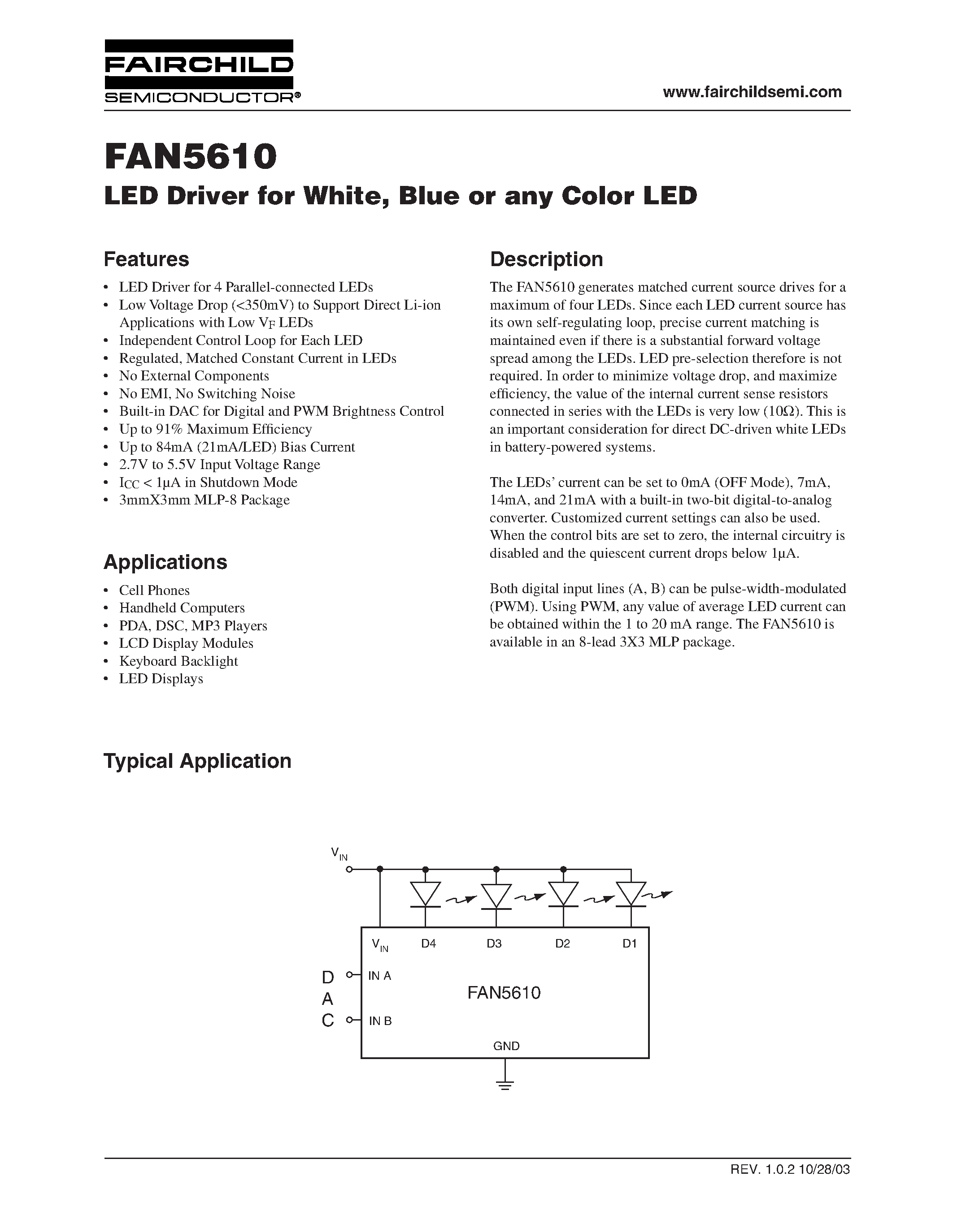 Даташит FAN5610MPX - LED Driver for White/ Blue or any Color LED страница 1
