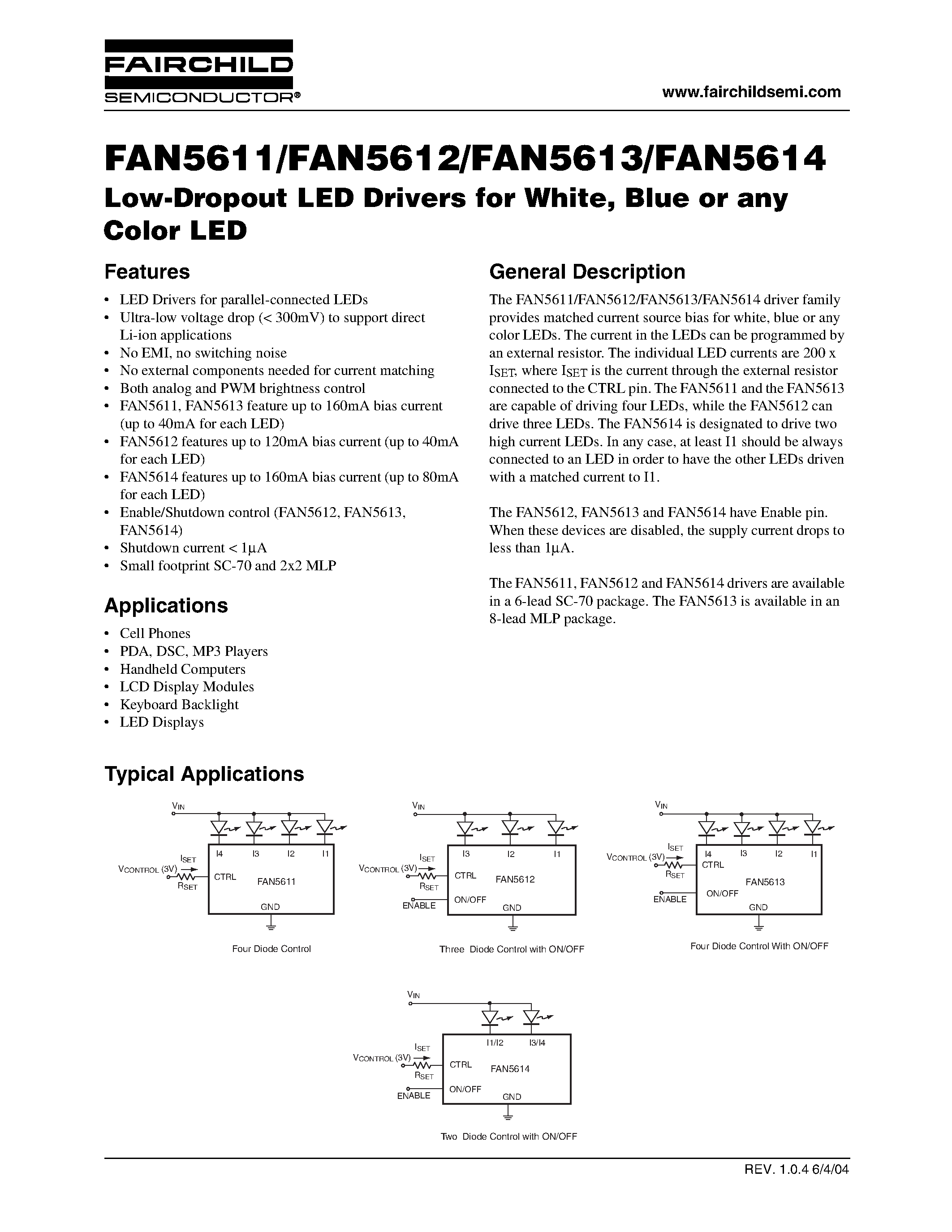Даташит FAN5612S7X - Low-Dropout LED Drivers for White/ Blue or any Color LED страница 1