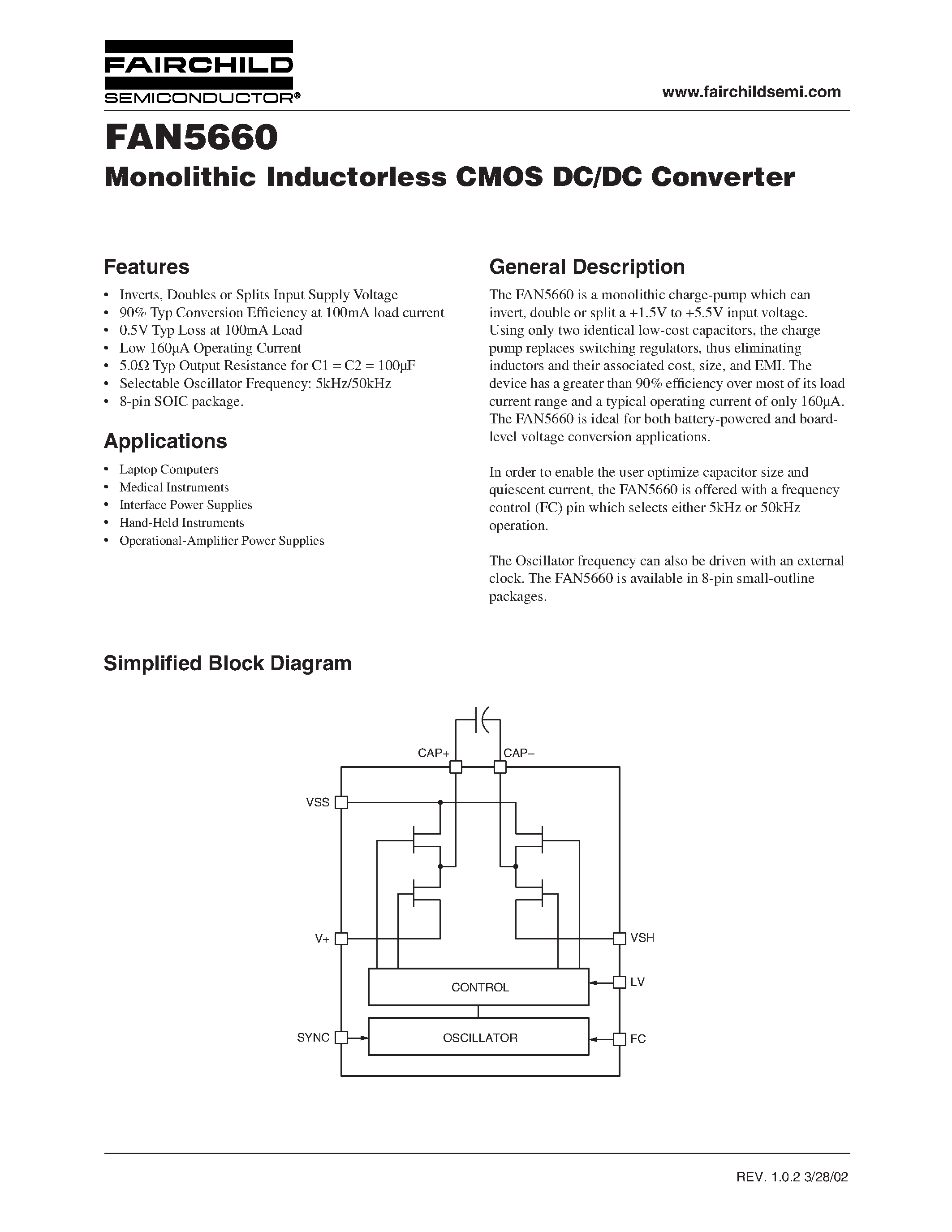 Даташит FAN5660 - Monolithic Inductorless CMOS DC/DC Converter страница 1