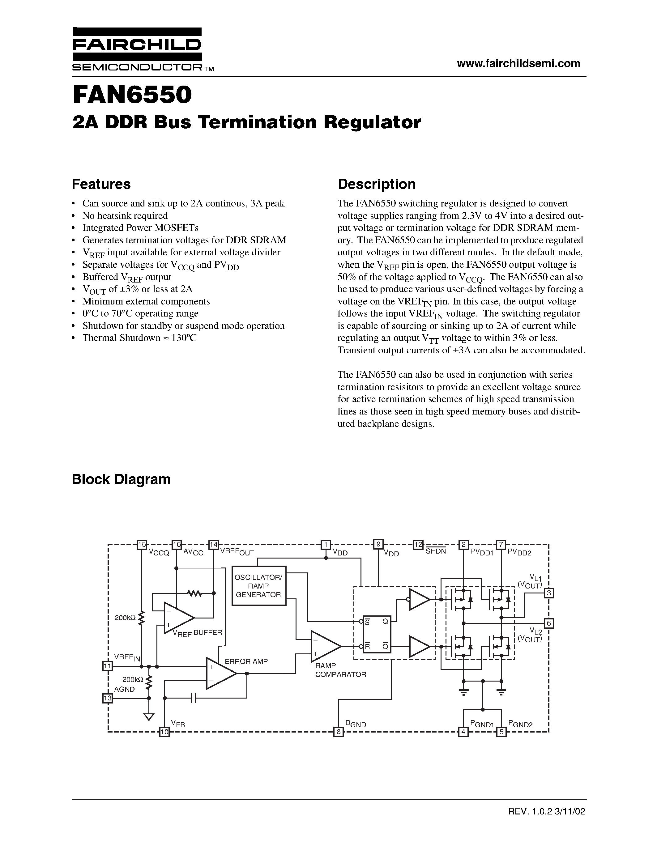 Даташит FAN6550 - 2A DDR Bus Termination Regulator страница 1