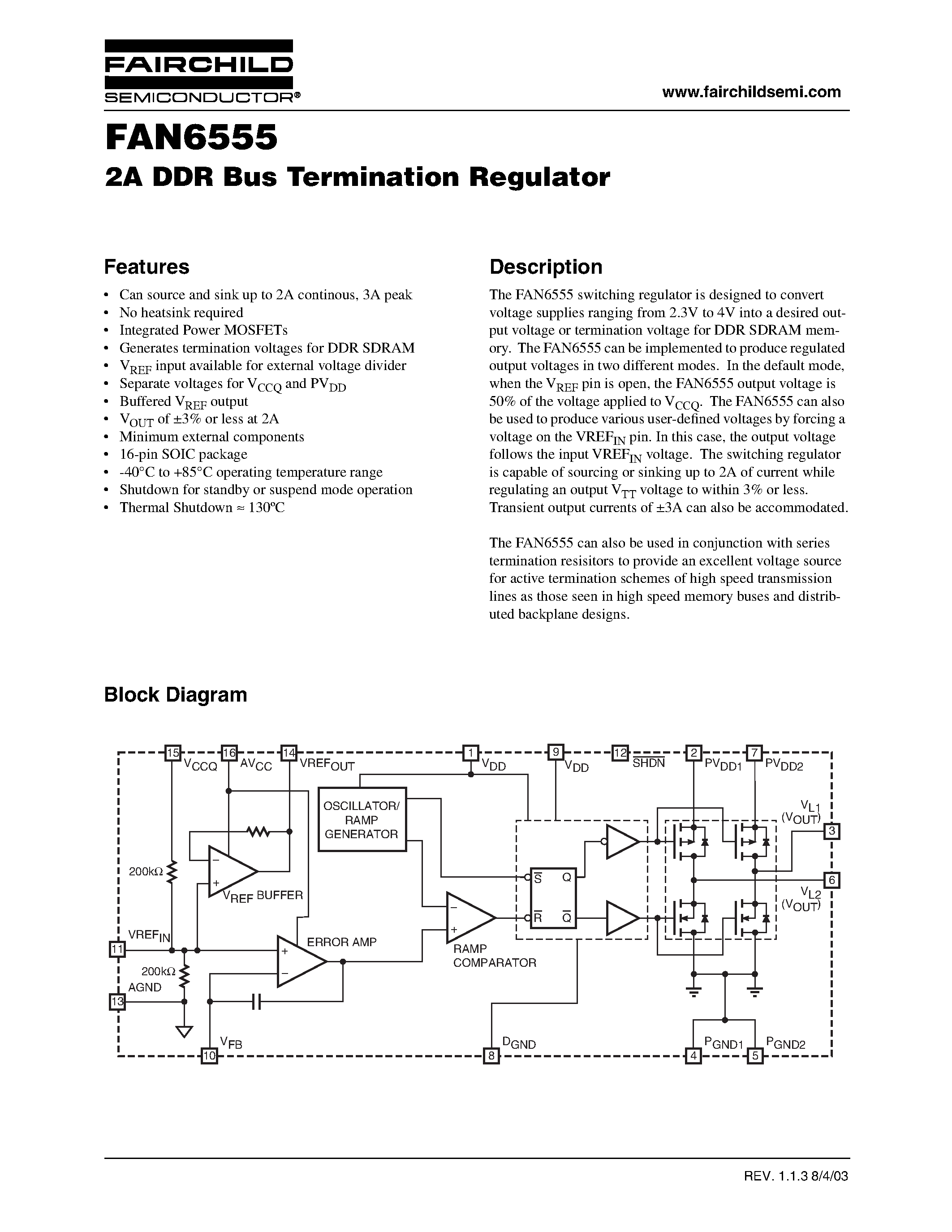 Даташит FAN6555 - 2A DDR Bus Termination Regulator страница 1
