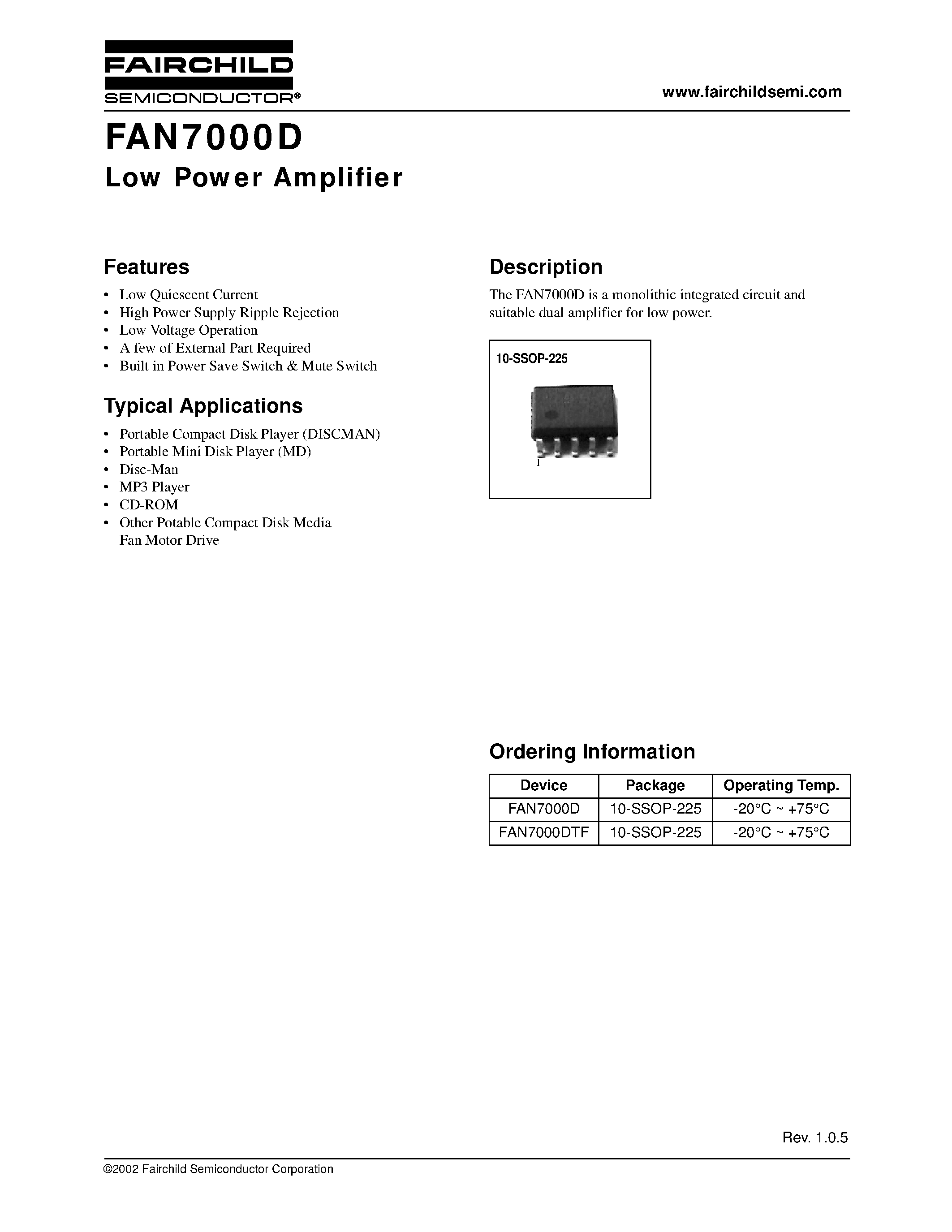 Даташит FAN7000 - Low Power Amplifier страница 1