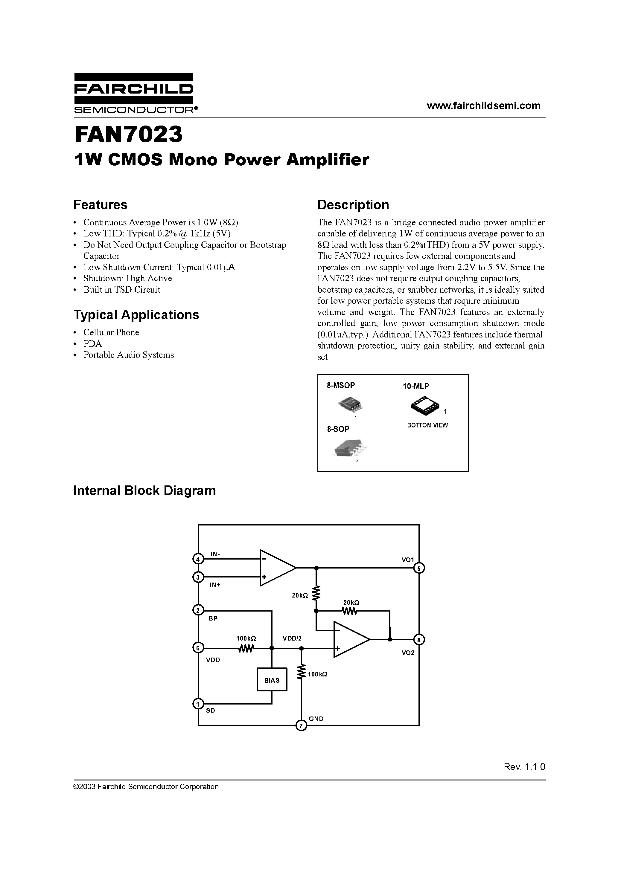Даташит FAN7023 - 1W CMOS Mono Power Amplifier страница 1