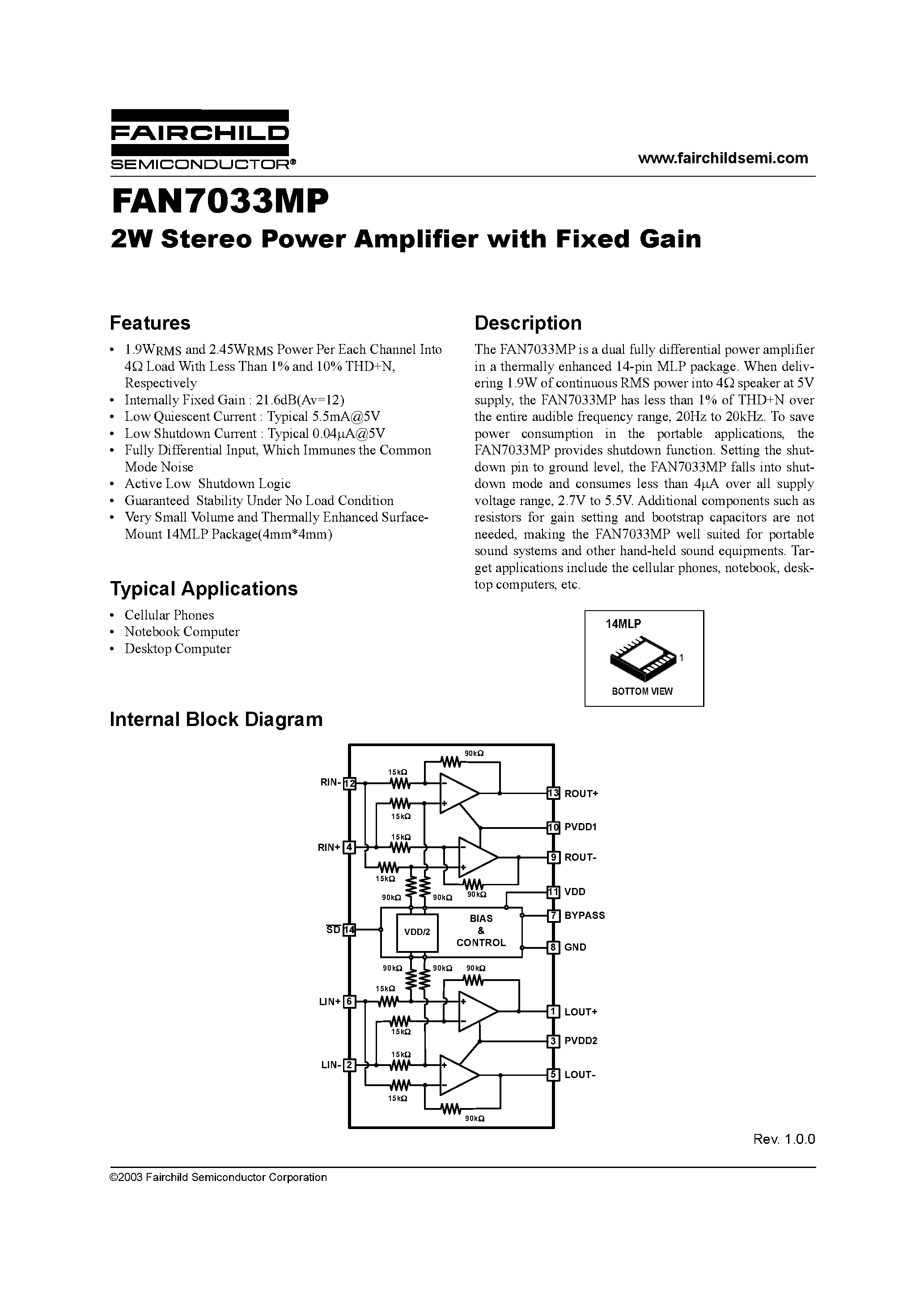 Даташит FAN7033MP - 2W Stereo Power Amplifier with Fixed Gain страница 1