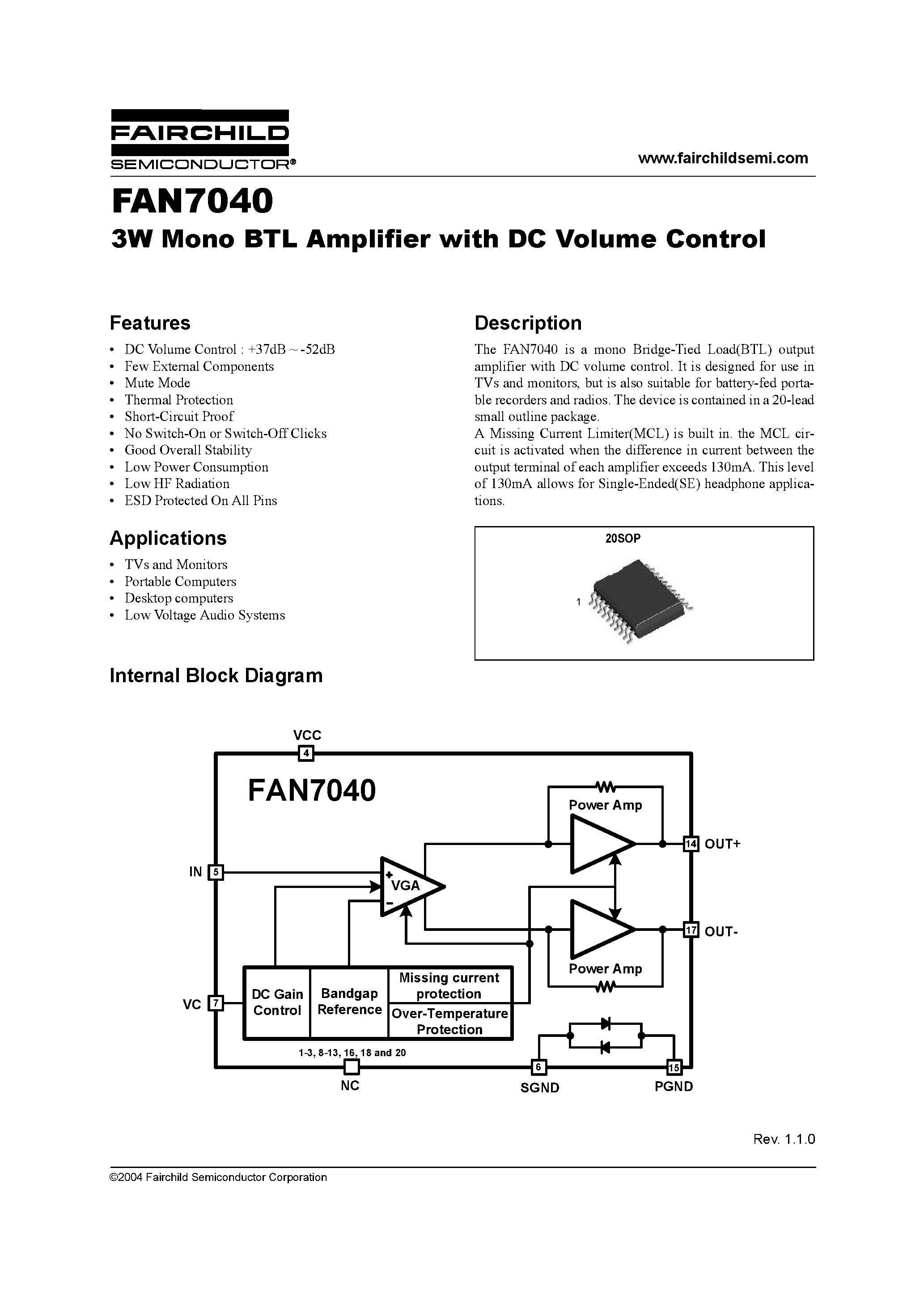 Даташит FAN7040M - 3W Mono BTL Amplifier with DC Volume Control страница 1