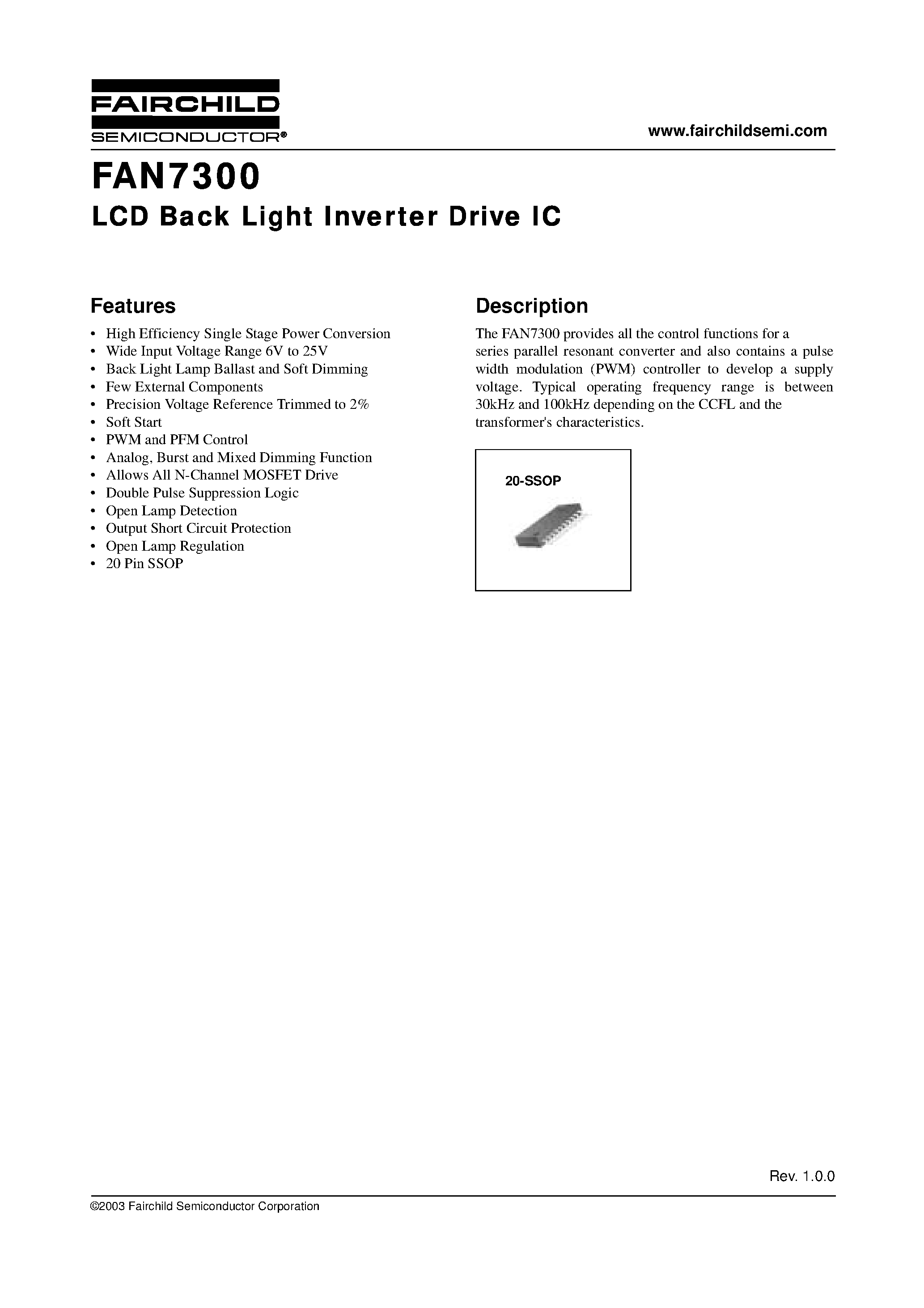 Даташит FAN7300 - LCD Back Light Inverter Drive IC страница 1