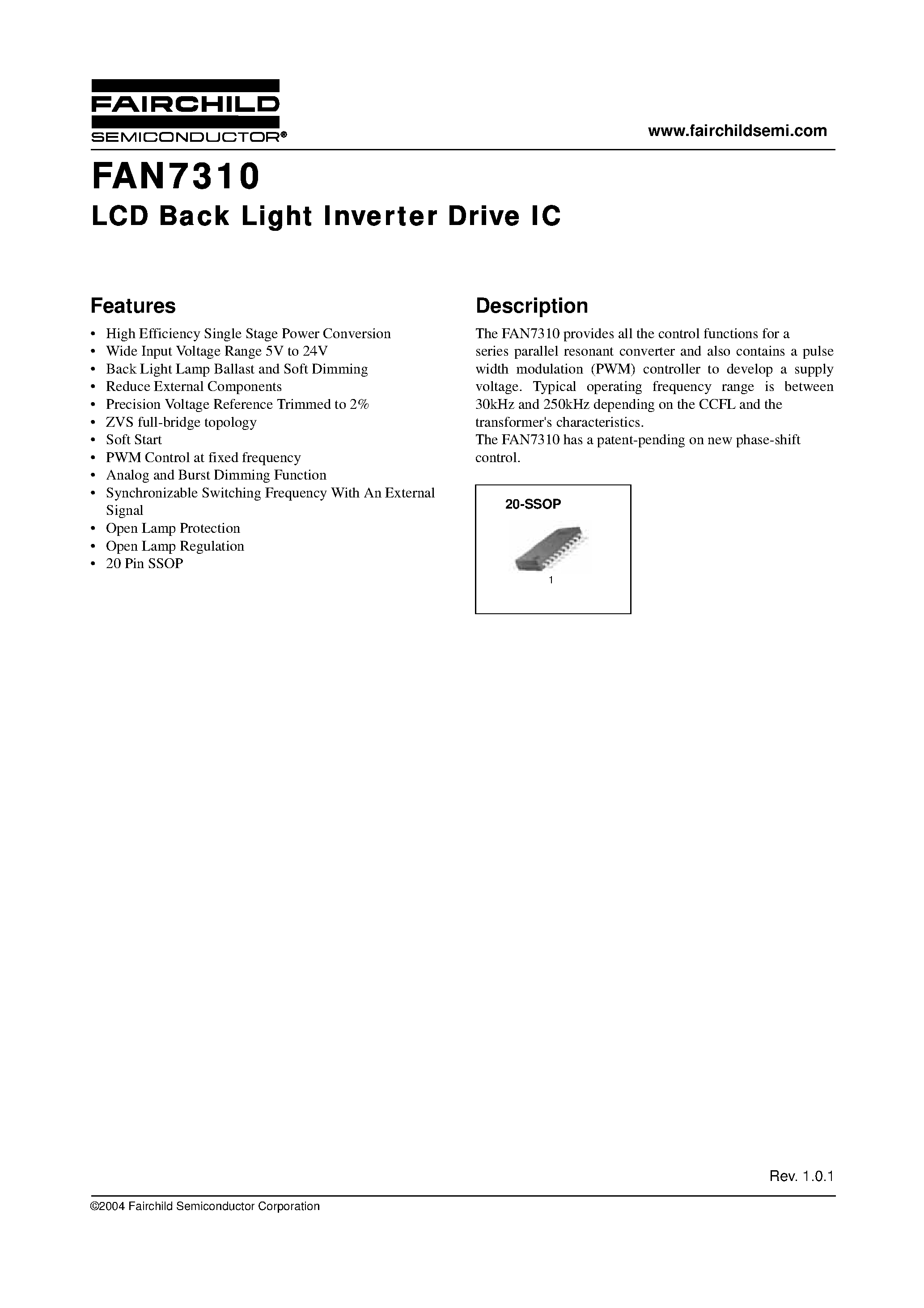 Даташит FAN7310 - LCD Back Light Inverter Drive IC страница 1
