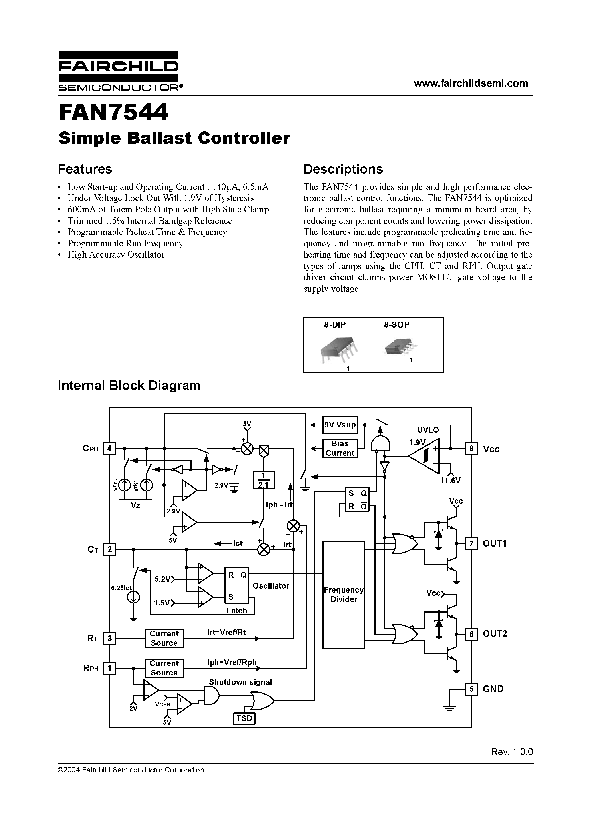 Даташит FAN7544 - Simple Ballast Controller страница 1
