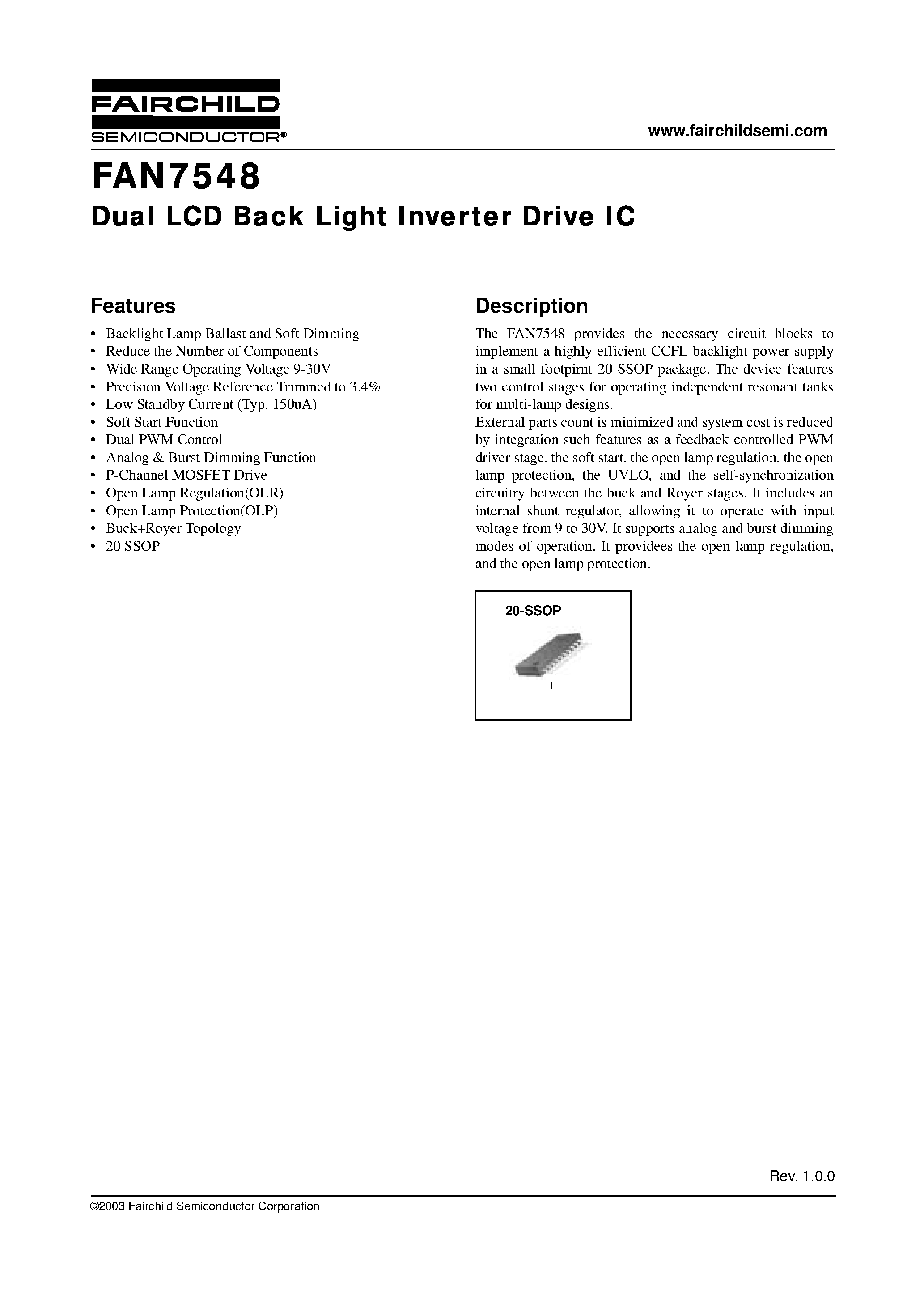 Даташит на микросхему FAN7548G страница 1 Даташит FAN7548G - Dual LCD Back Light Inverter Drive IC страница 1