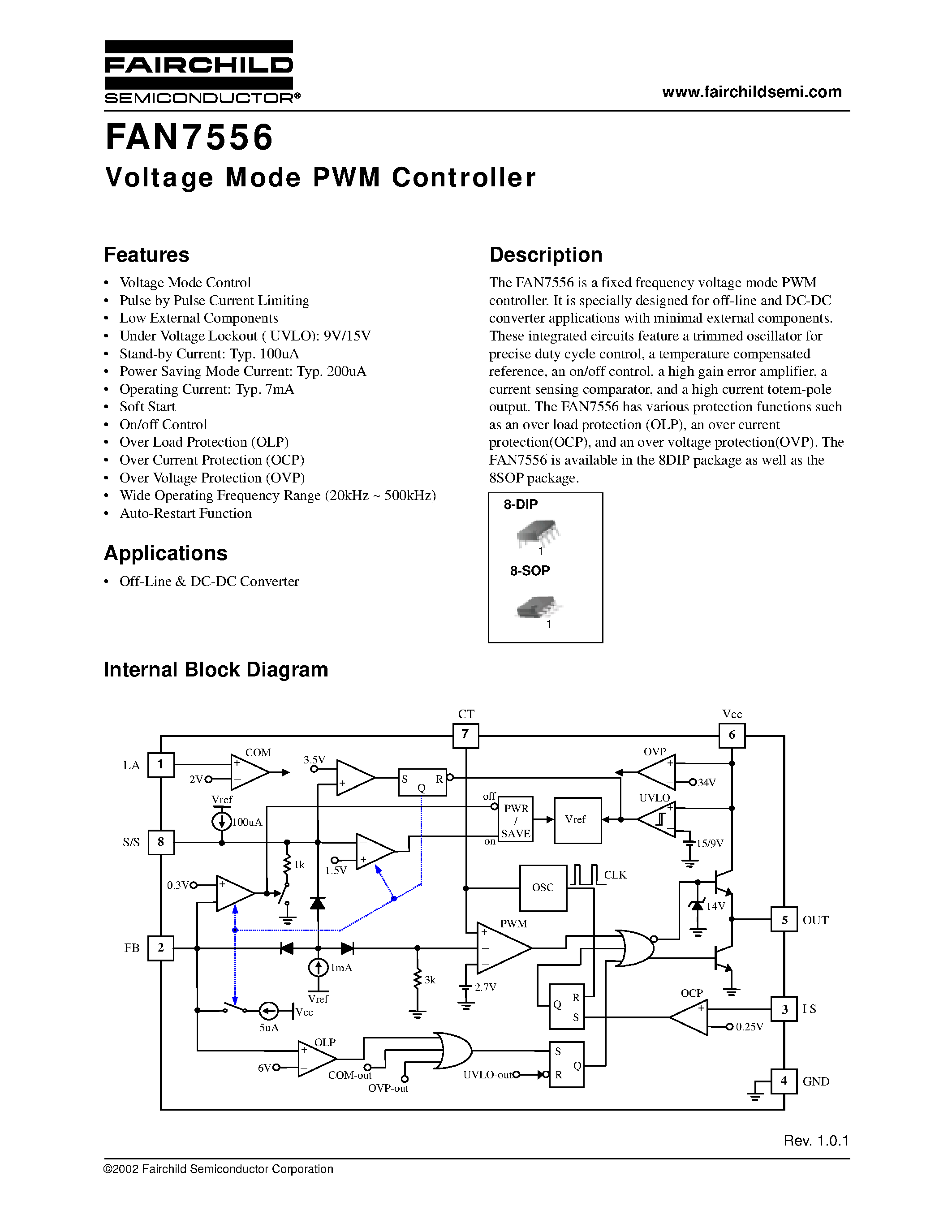Даташит на микросхему FAN7556 страница 1 Даташит FAN7556 - Voltage Mode PWM Controller страница 1