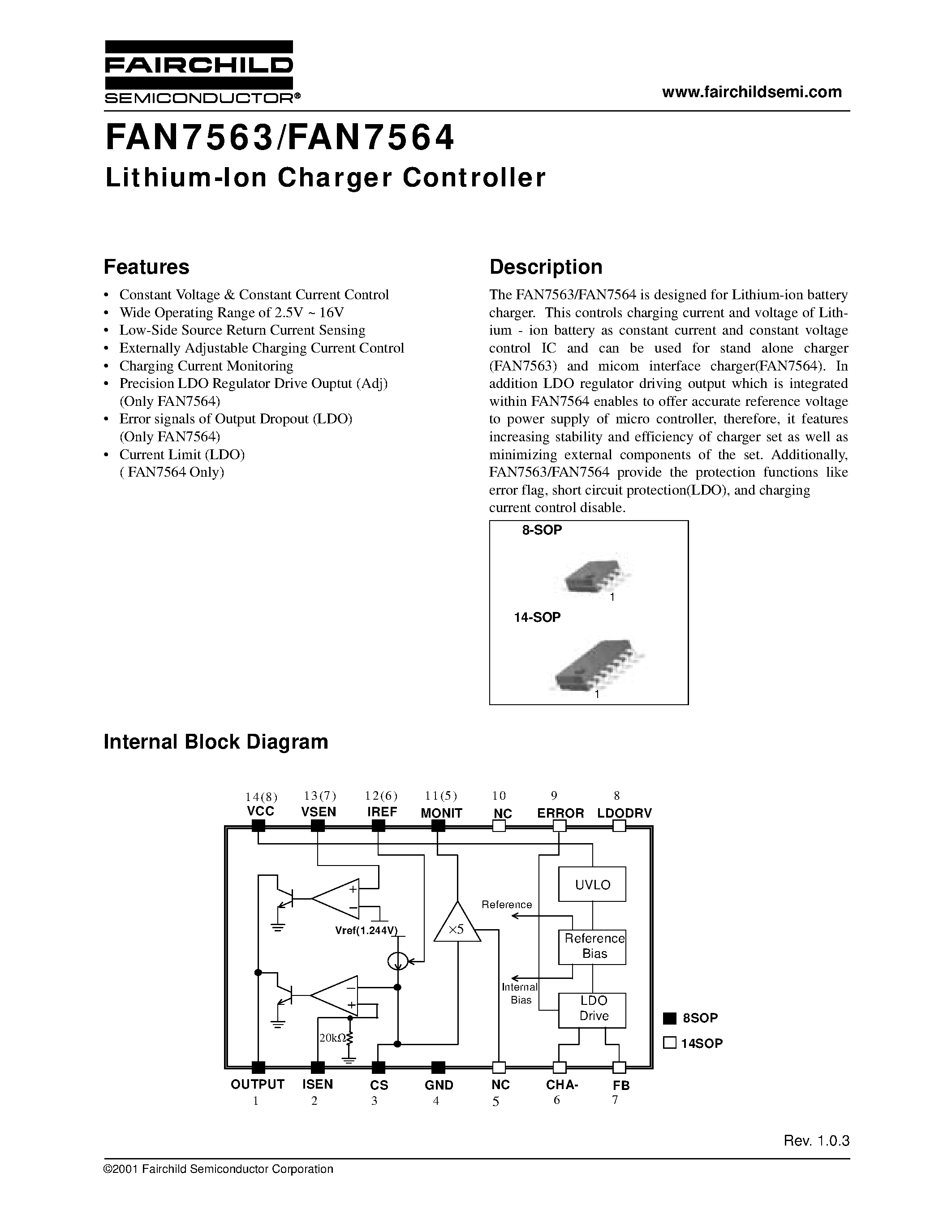 Даташит на микросхему FAN7564 страница 1 Даташит FAN7564 - Lithium-Ion Charger Controller страница 1