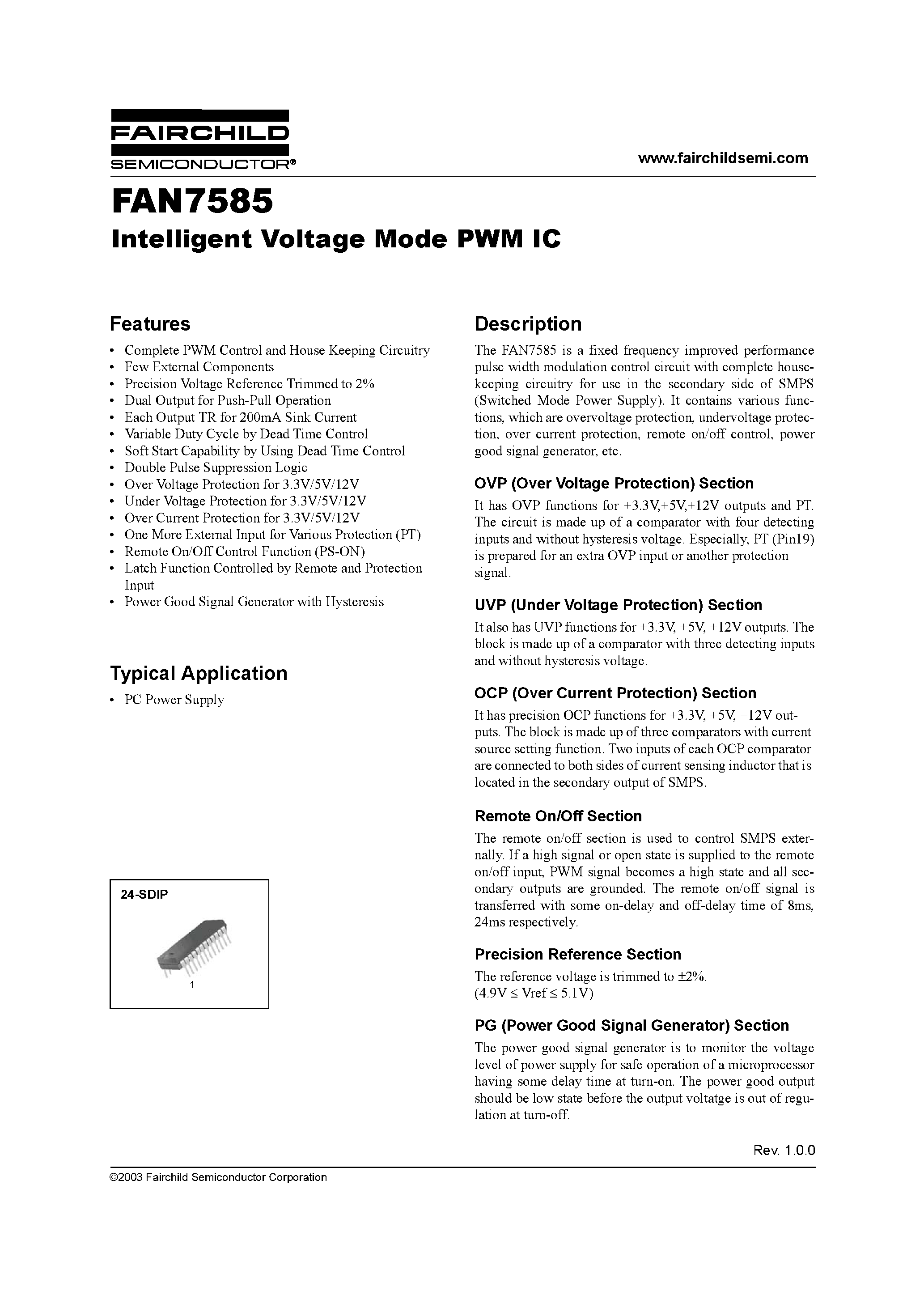Даташит FAN7585 - Intelligent Voltage Mode PWM IC страница 1