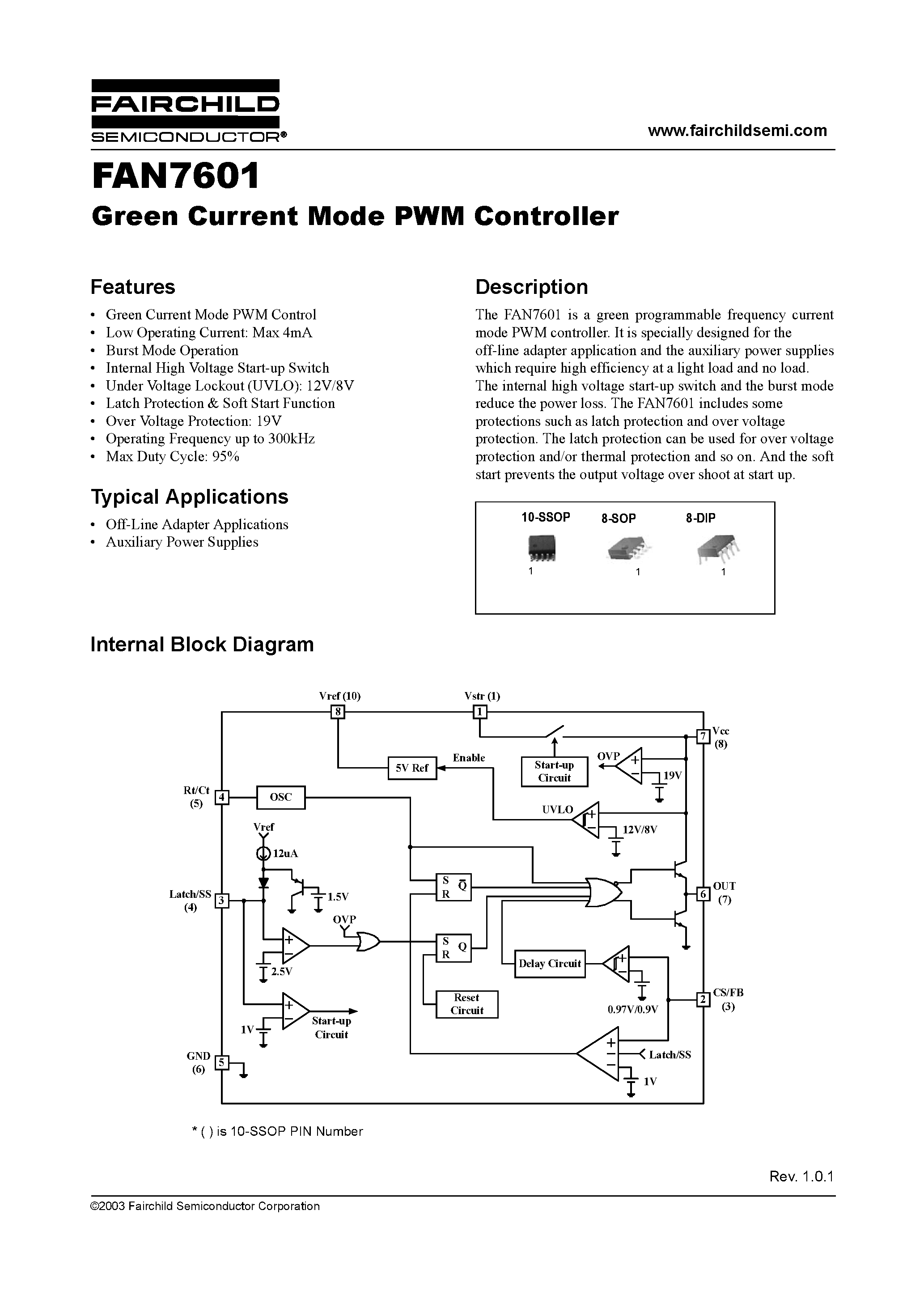 Даташит на микросхему FAN7601M страница 1 Даташит FAN7601M - Green Current Mode PWM Controller страница 1