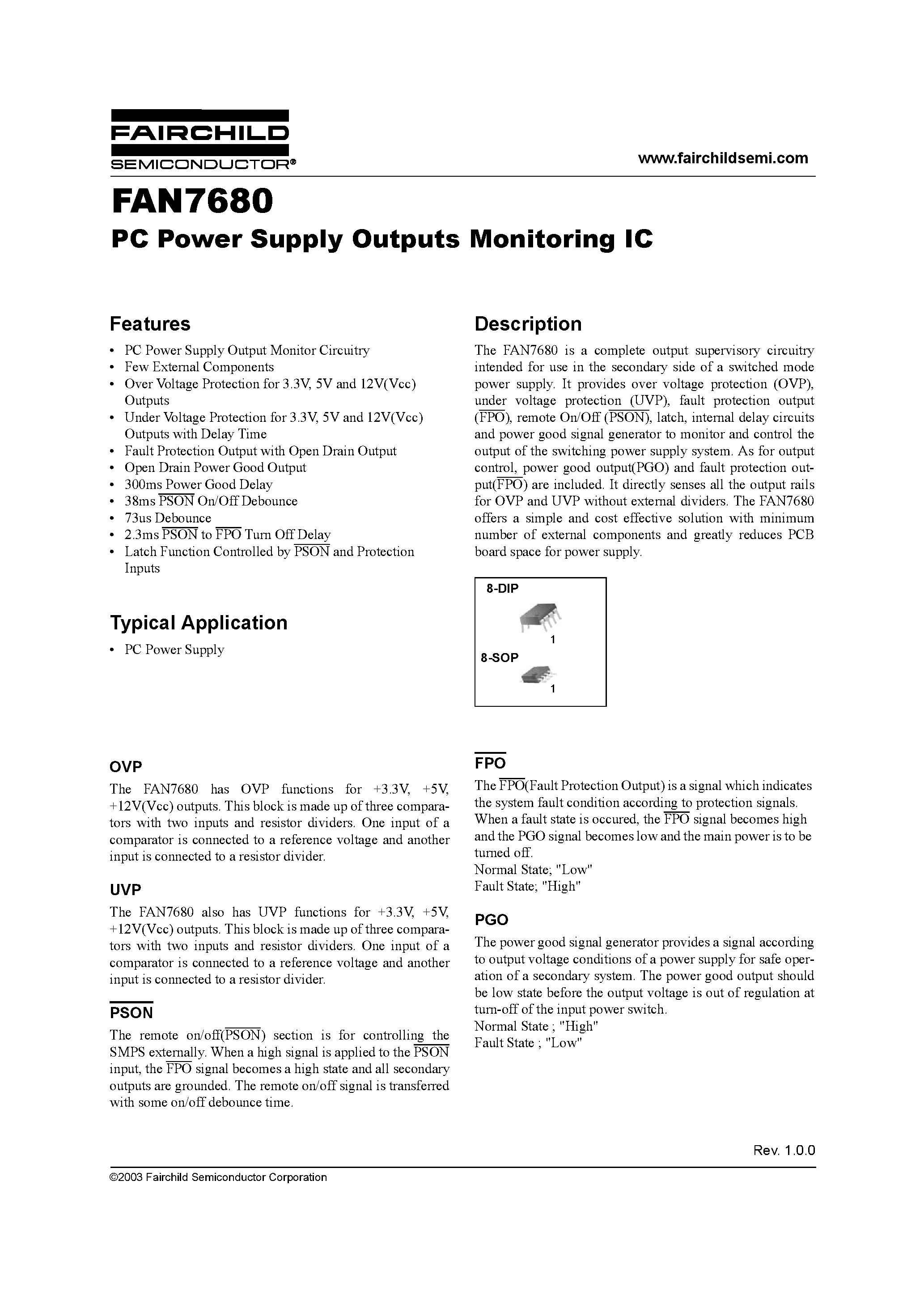 Datasheet FAN7680M page 1 Datasheet FAN7680M - PC Power Supply Outputs Monitoring IC page 1