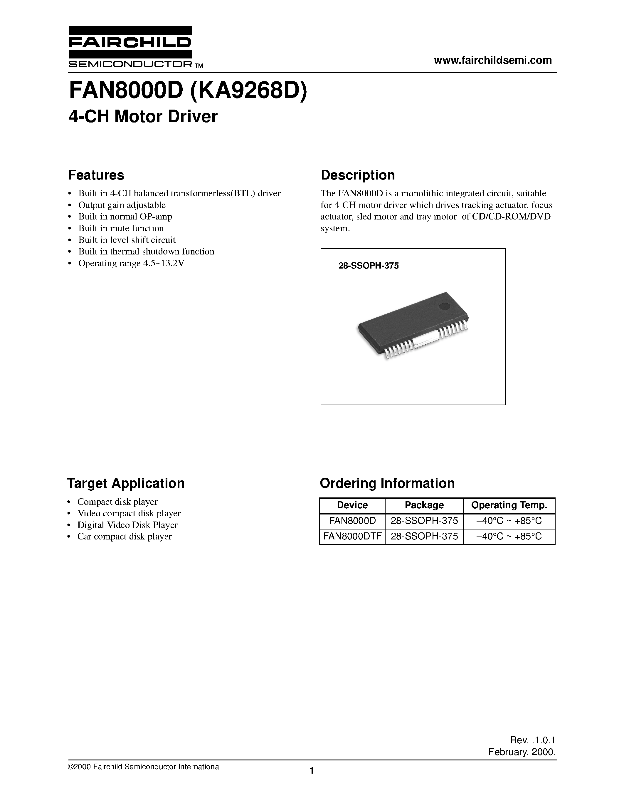 Даташит FAN8000D - 4-CH Motor Driver страница 1