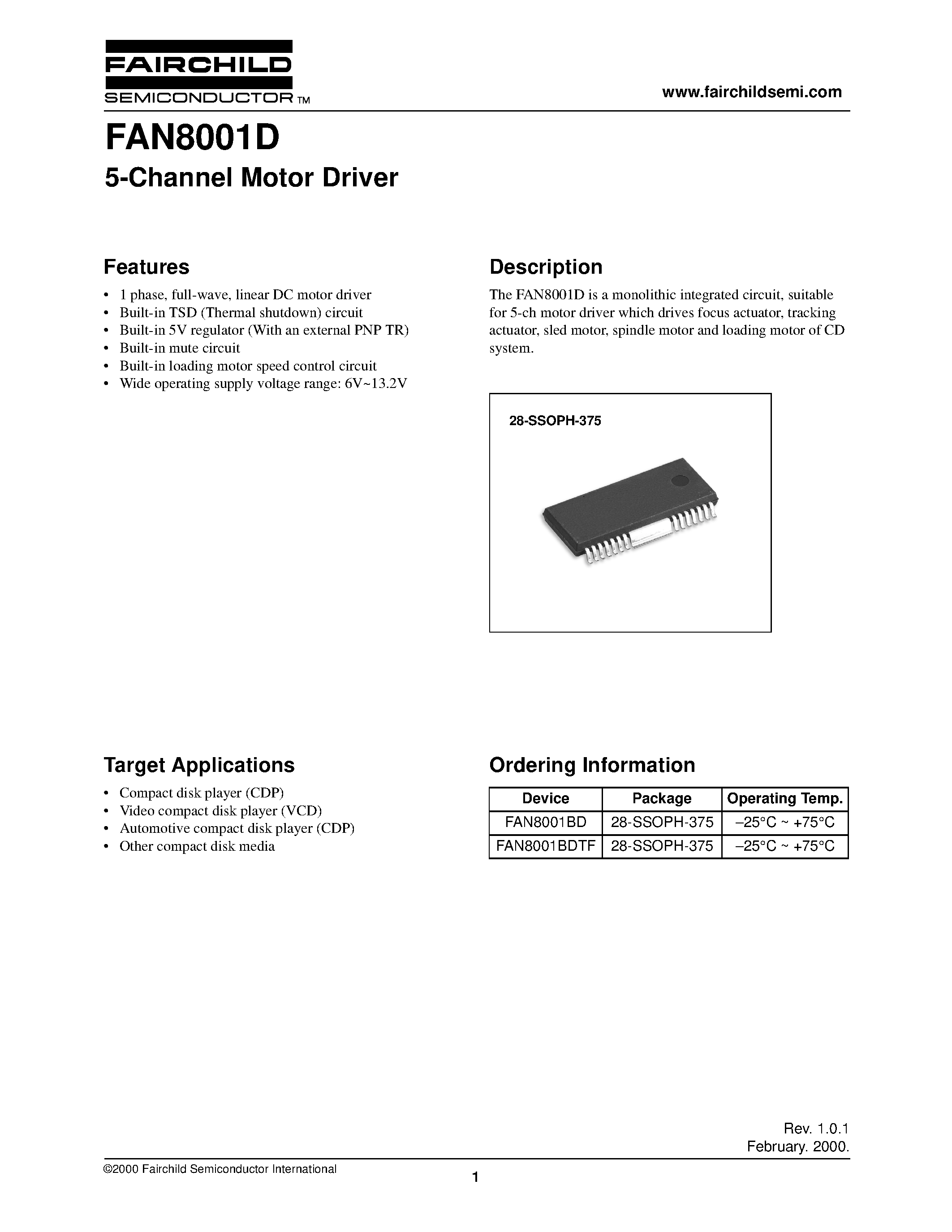 Даташит на микросхему FAN8001D страница 1 Даташит FAN8001D - 5-Channel Motor Driver страница 1