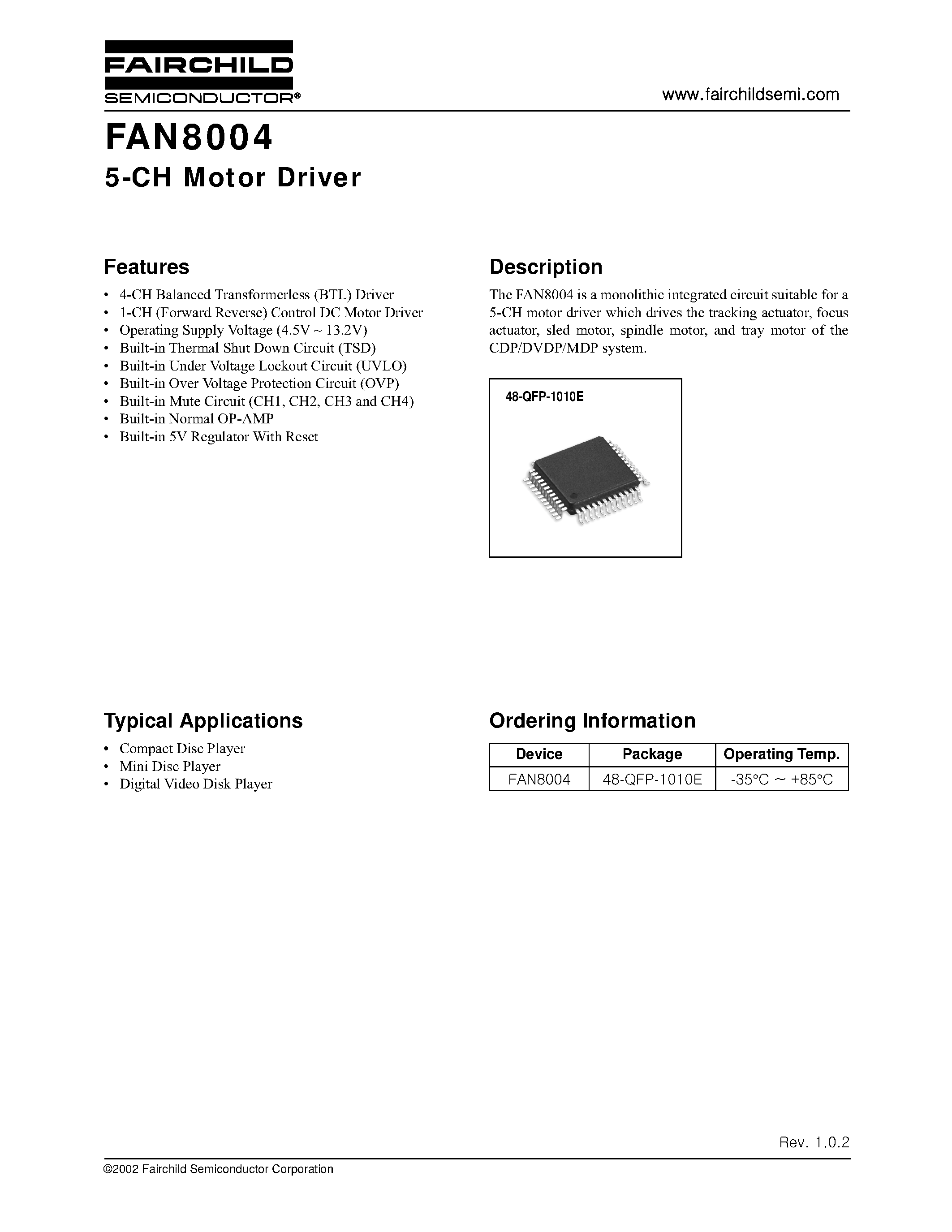Даташит FAN8004 - 5-CH Motor Driver страница 1