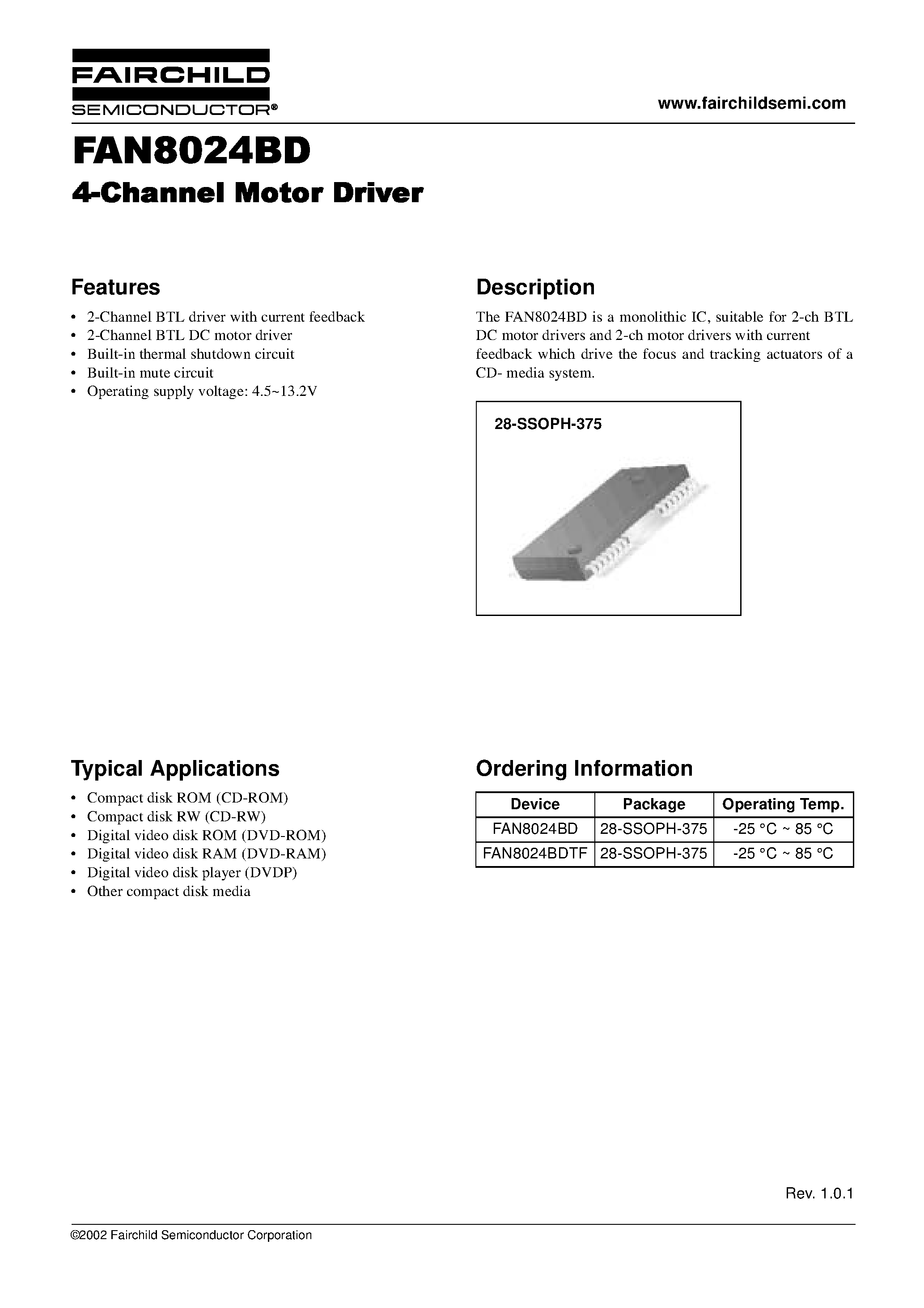 Даташит на микросхему FAN8024BD страница 1 Даташит FAN8024BD - 4-Channel Motor Driver страница 1