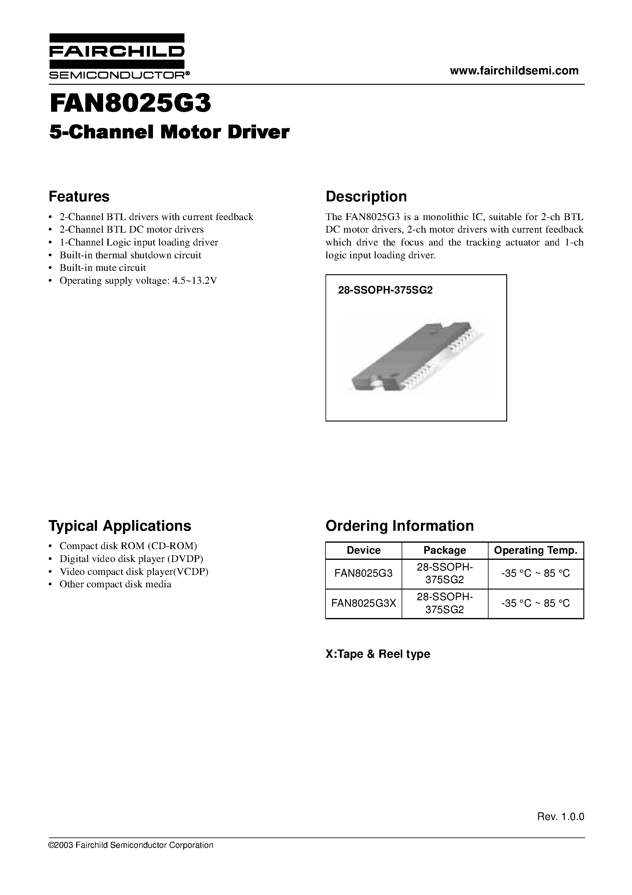 Datasheet FAN8025G3 - 5-Channel Motor Driver page 1