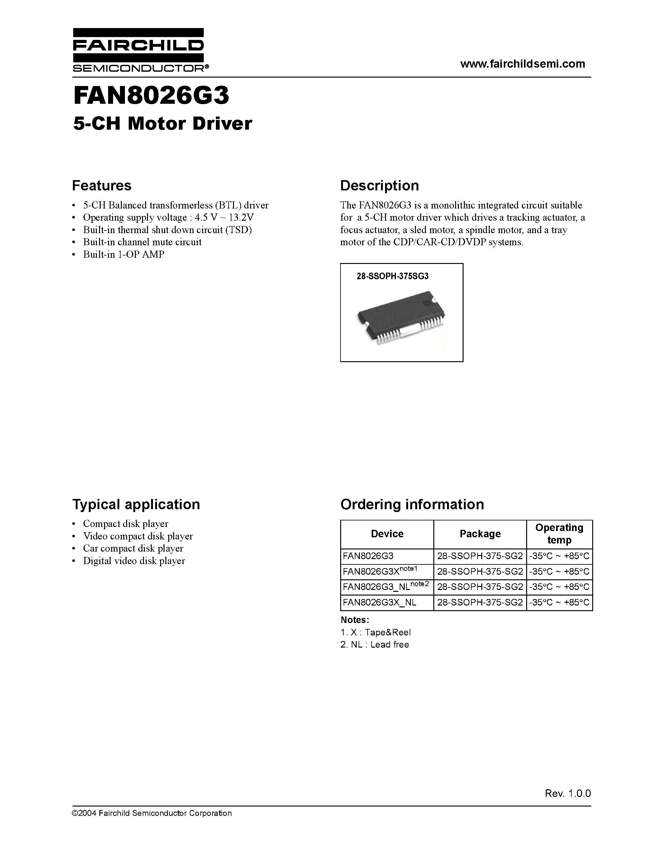 Даташит на микросхему FAN8026G3X страница 1 Даташит FAN8026G3X - 5-CH Motor Driver страница 1