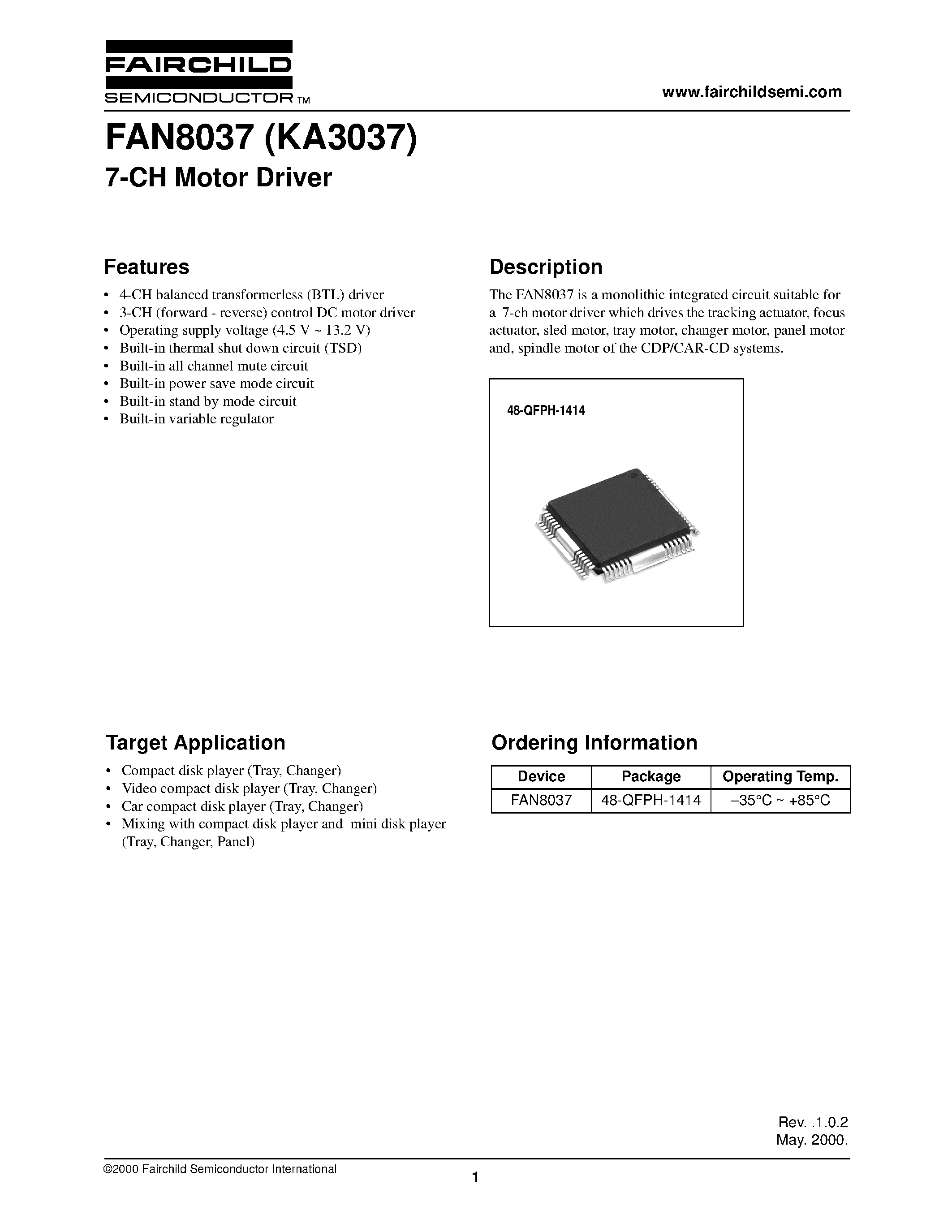 Datasheet FAN8037 - 7-CH Motor Driver page 1