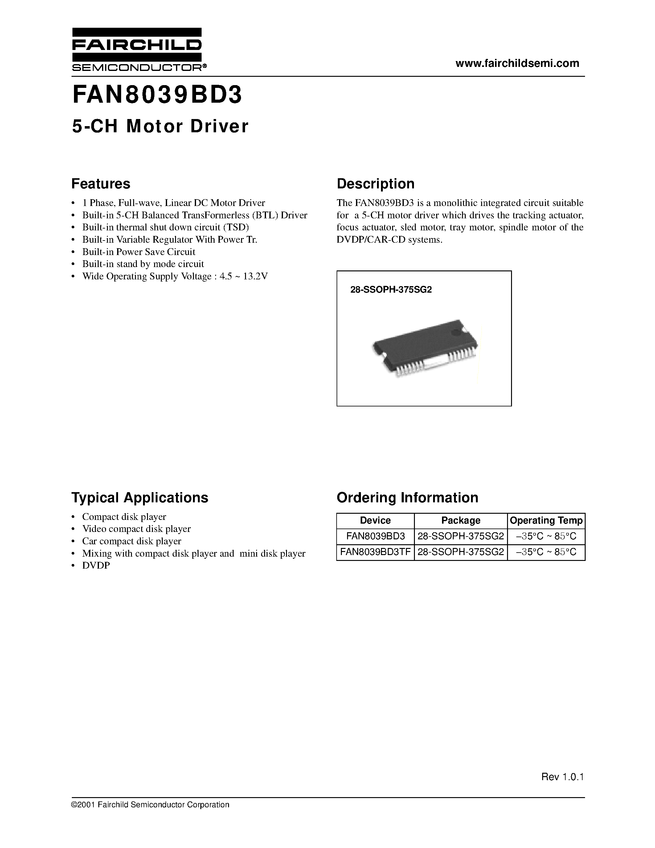 Datasheet FAN8039BD3 page 1 Datasheet FAN8039BD3 - 5-CH Motor Driver page 1
