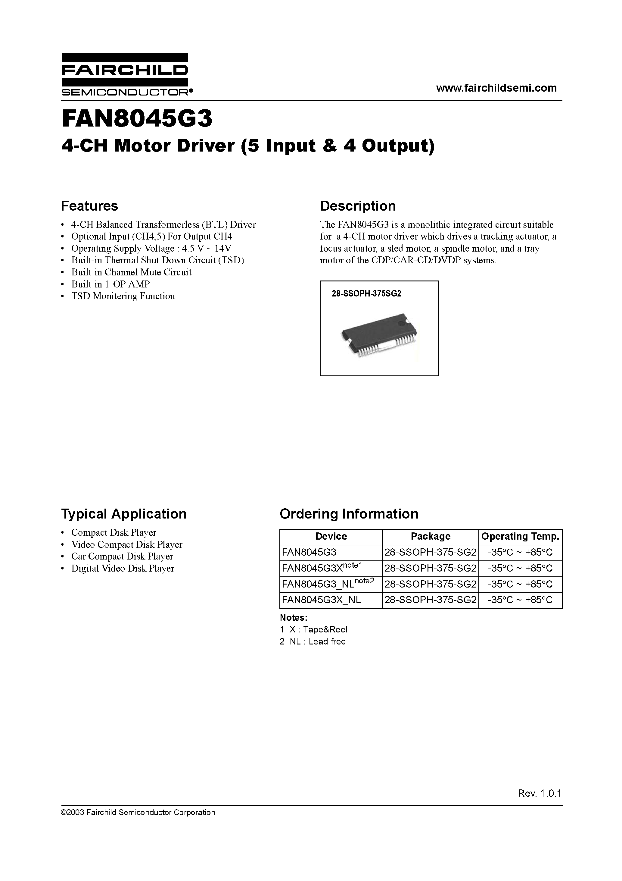 Datasheet FAN8045G3 - 4-CH Motor Driver (5 Input & 4 Output) page 1