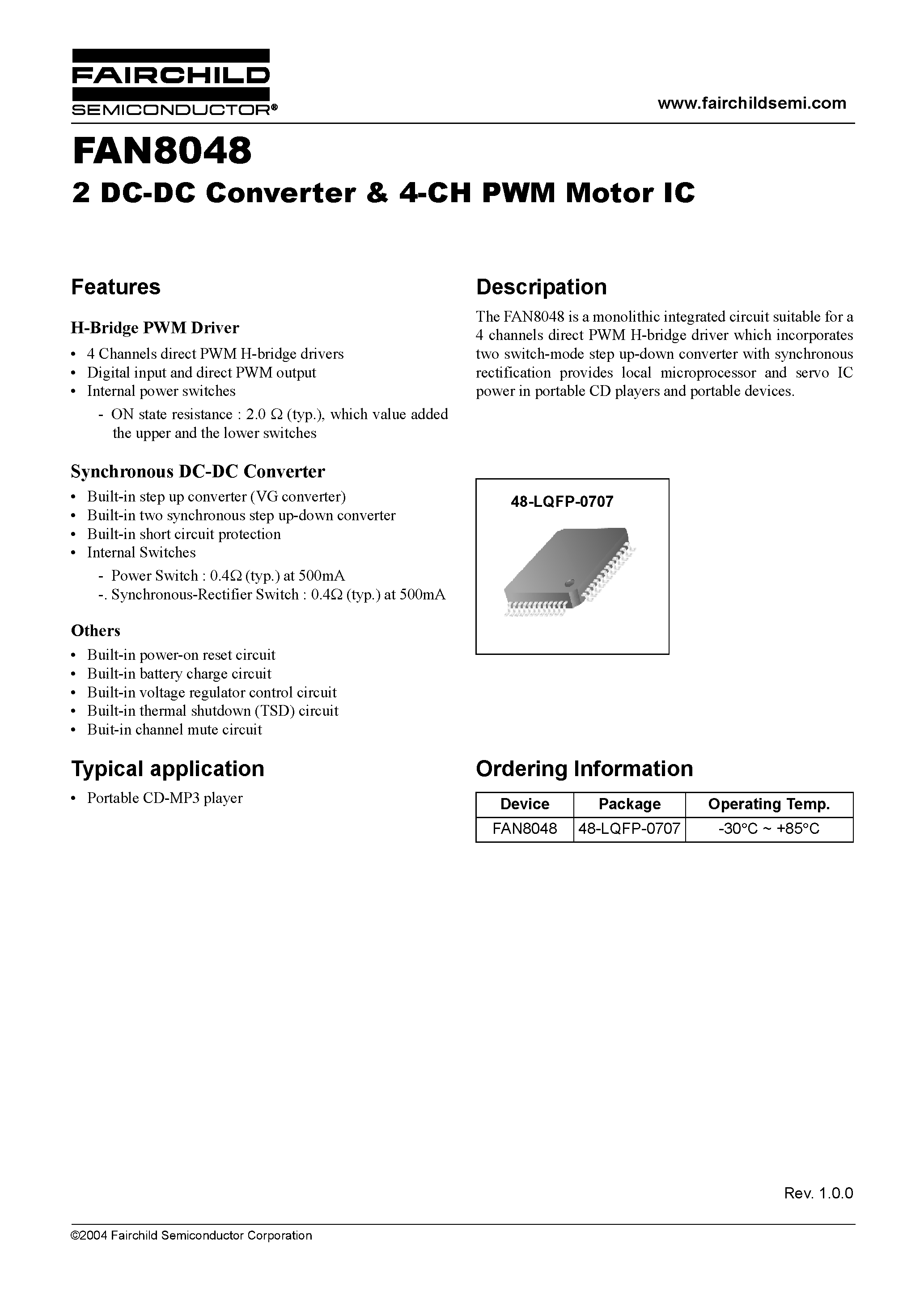 Datasheet FAN8048 - 2 DC-DC Converter & 4-CH PWM Motor IC page 1